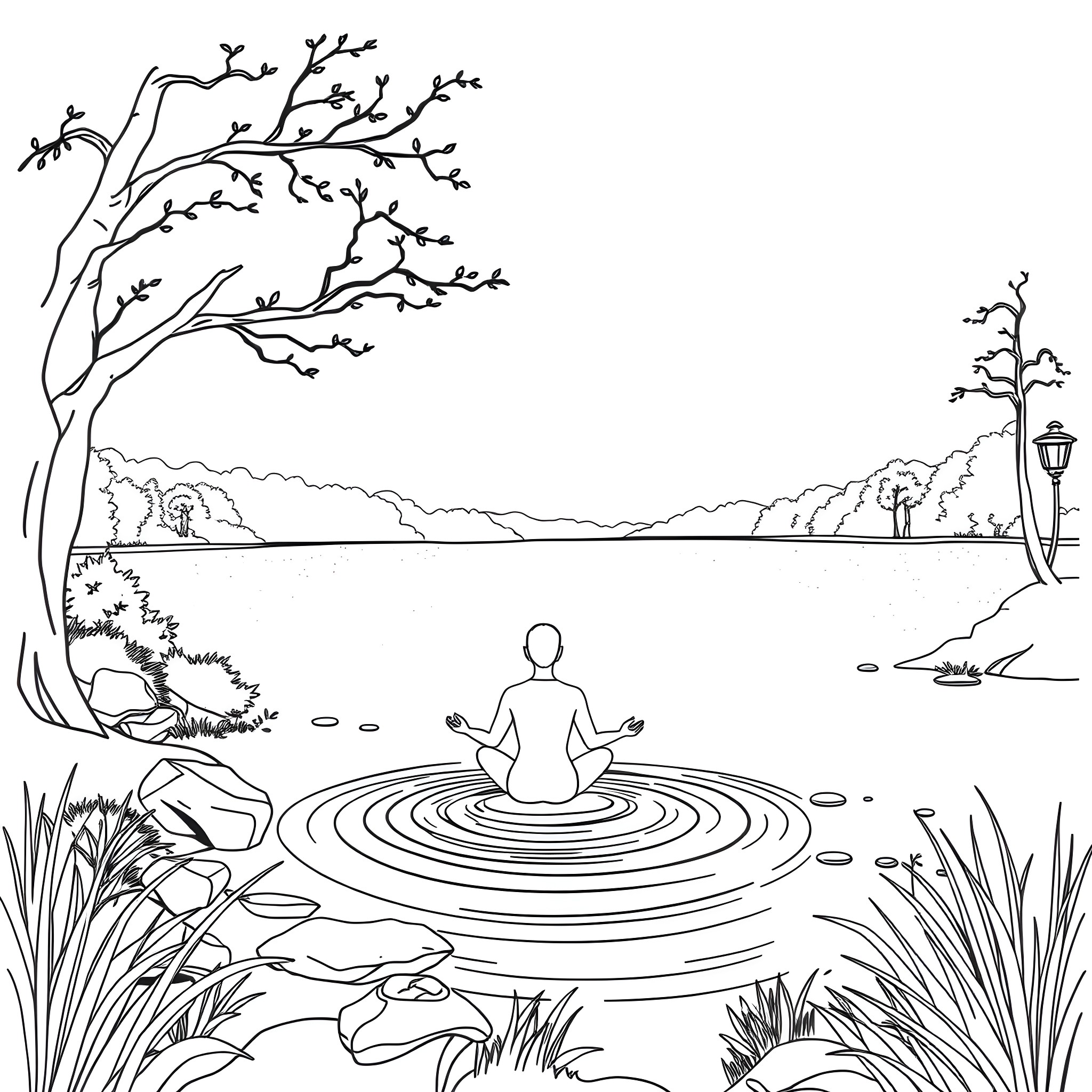 Mental Health Meditation in Serene Outdoor Landscape Coloring Page (free black-and-white line drawing printable PDF for all, from beginners to advanced learners, including children, teens, adults, and seniors)