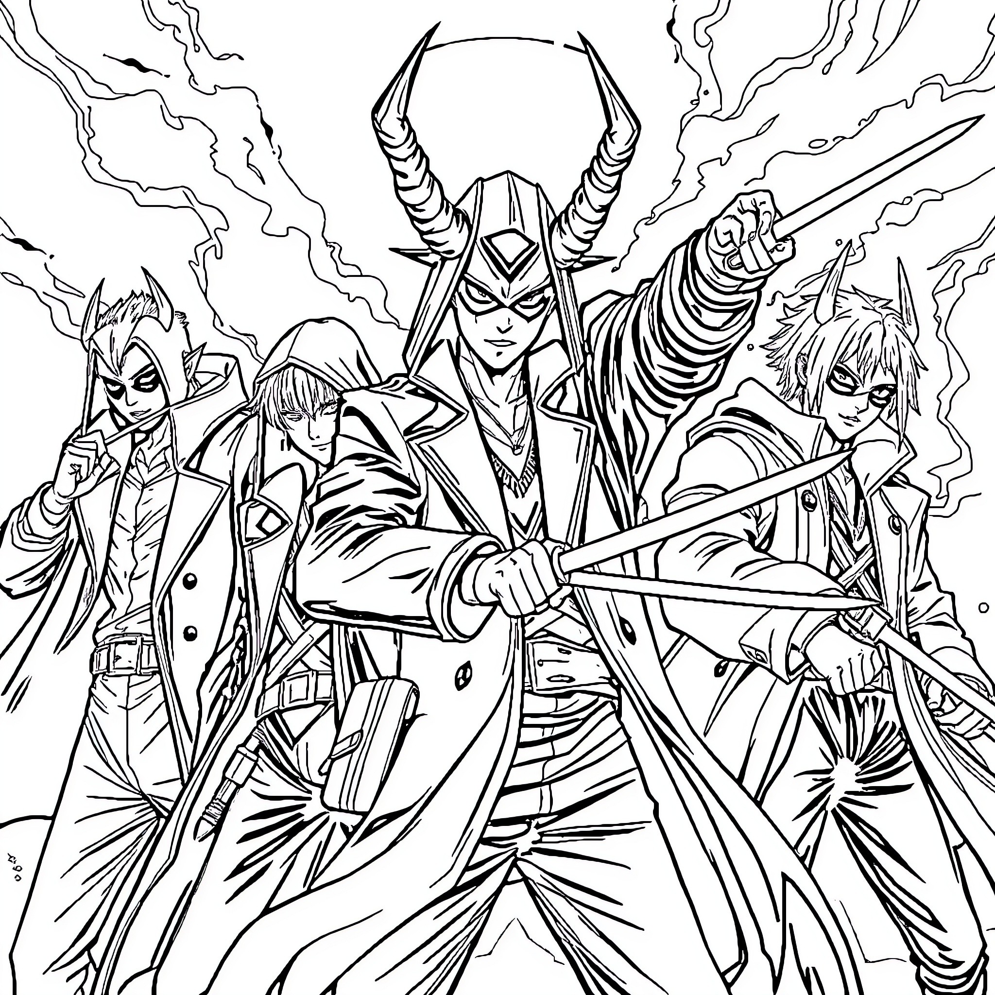 Boy heroically wielding weapons in a dramatic scene Coloring Page (free black-and-white line drawing printable PDF for all, from beginners to advanced learners, including children, teens, adults, and seniors)