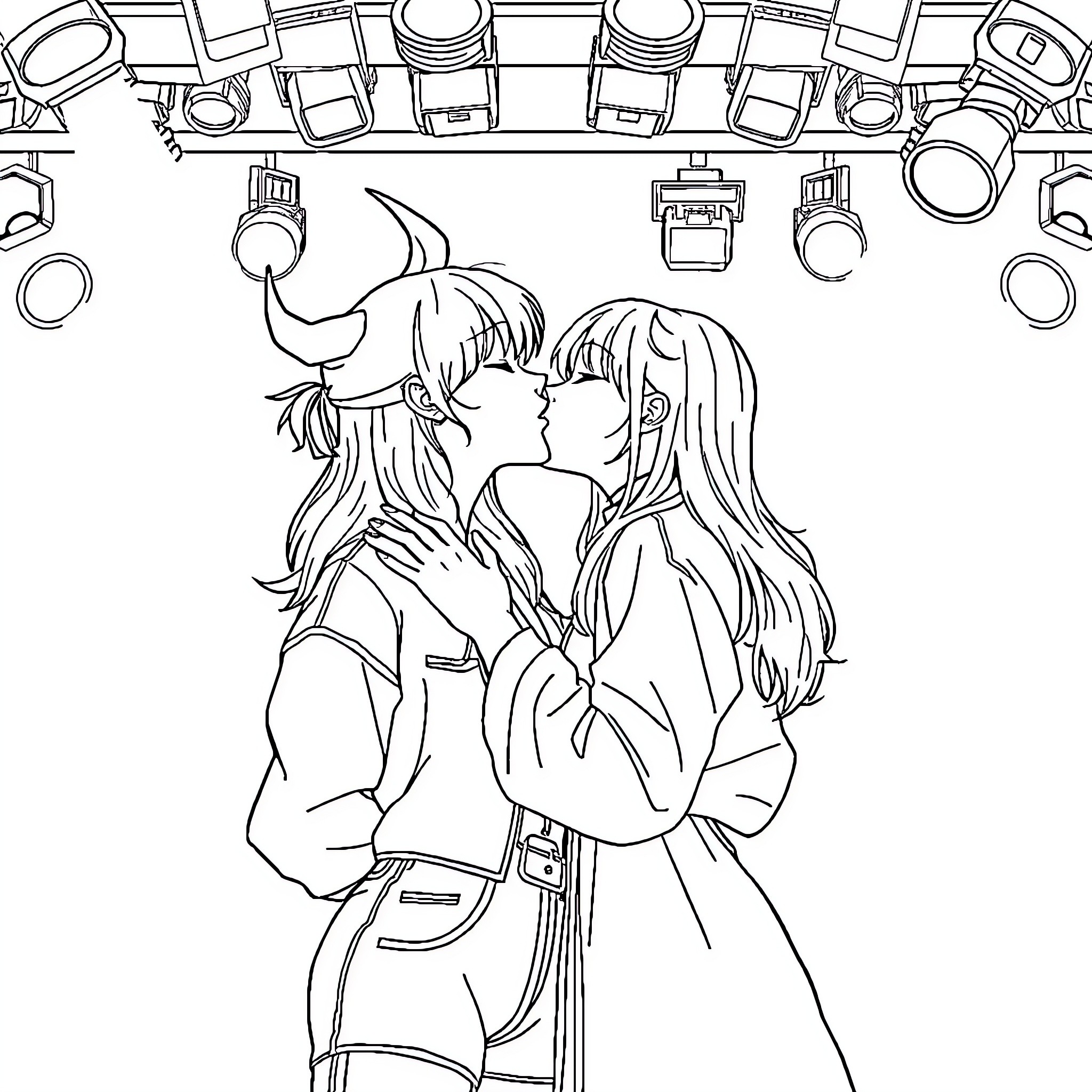 Rumi and Jimi's Tender Embrace Coloring Page (free black-and-white line drawing printable PDF for all, from beginners to advanced learners, including children, teens, adults, and seniors)