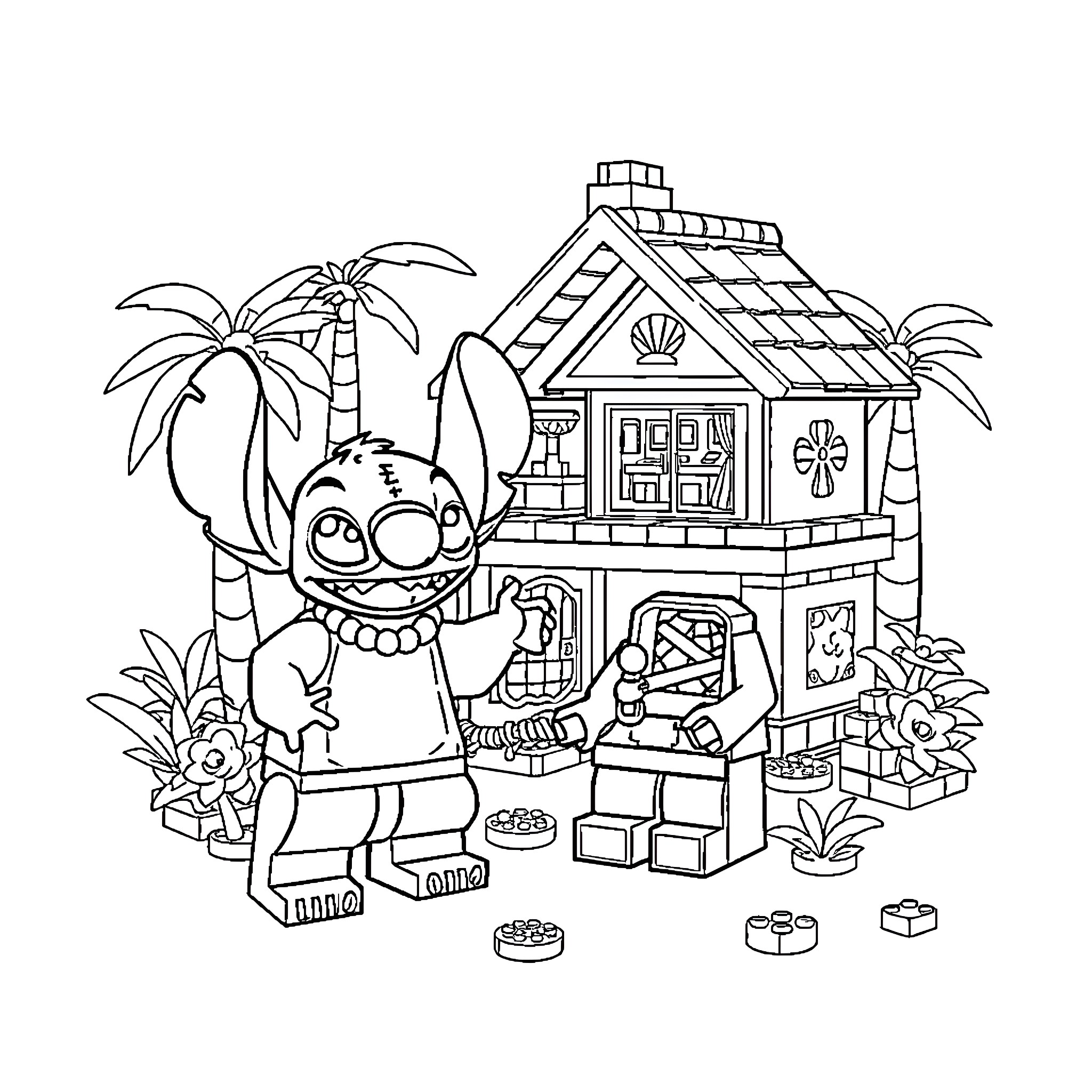 Lego Stitch and His Tropical Beach House Coloring Page (free black-and-white line drawing printable PDF for all, from beginners to advanced learners, including children, teens, adults, and seniors)