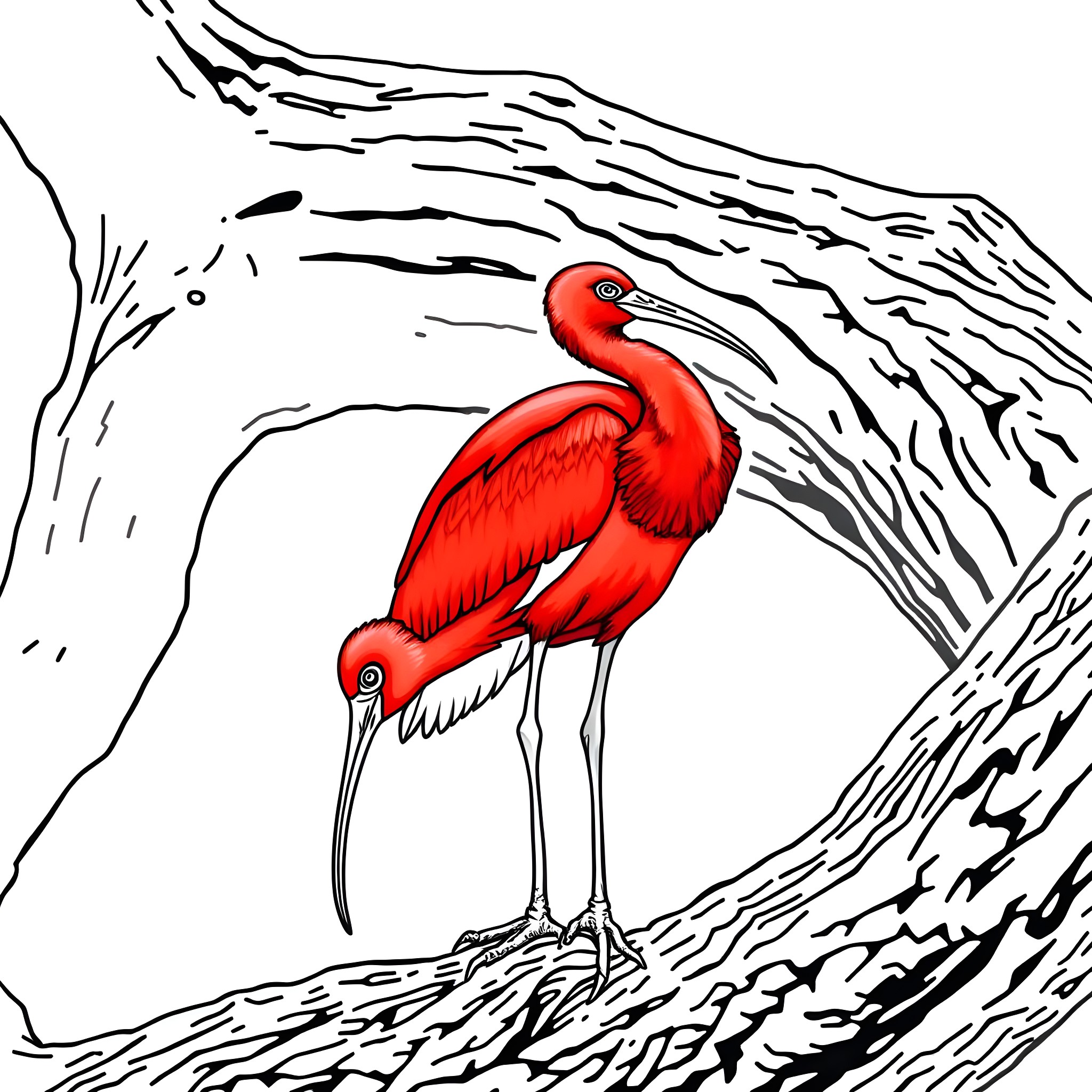 Ibis standing in the river Coloring Page (free black-and-white line drawing printable PDF for all, from beginners to advanced learners, including children, teens, adults, and seniors)