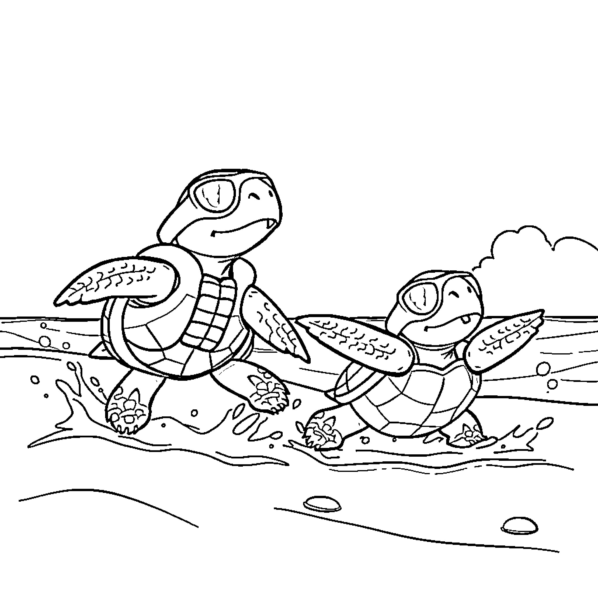 Baby Turtles Playing in the Water Coloring Page (free black-and-white line drawing printable PDF for all, from beginners to advanced learners, including children, teens, adults, and seniors)