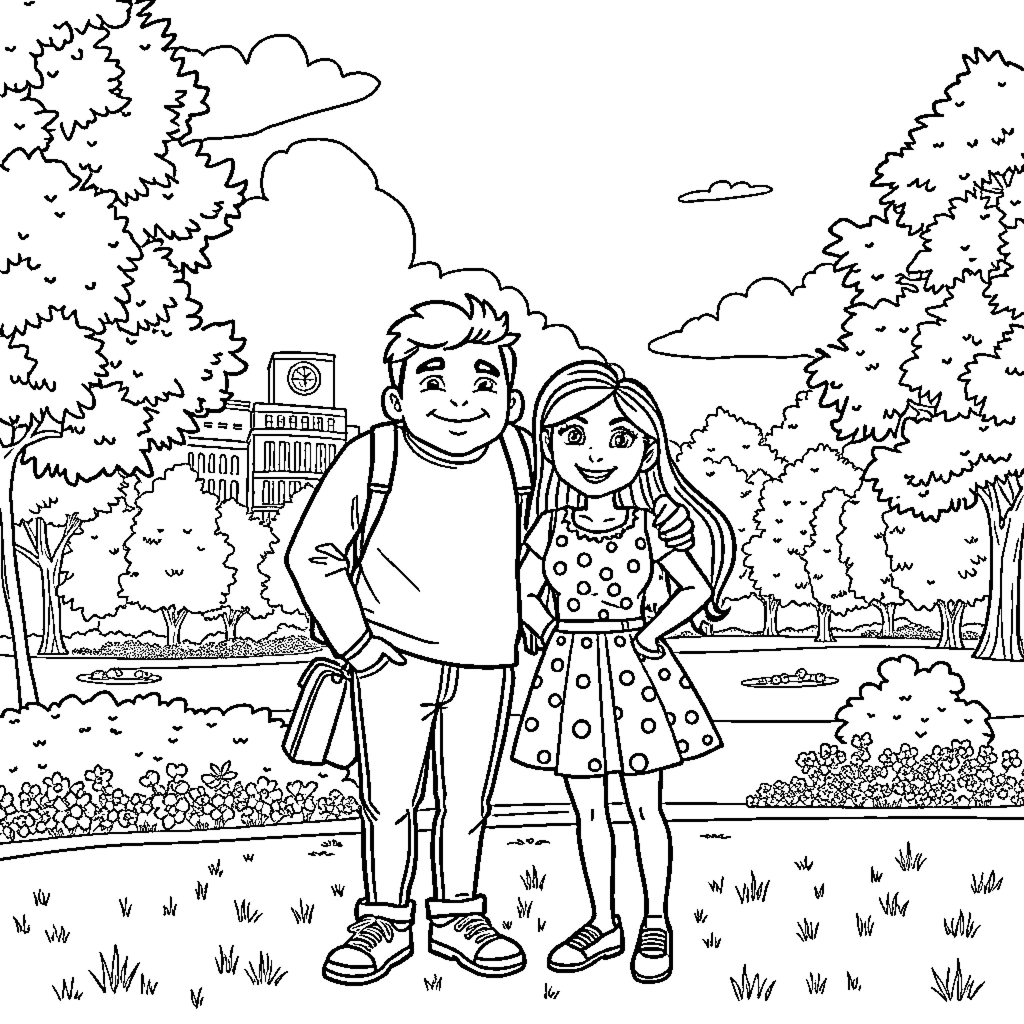Armand et Châu enjoying a day out in the park Coloring Page (free black-and-white line drawing printable PDF for all, from beginners to advanced learners, including children, teens, adults, and seniors)