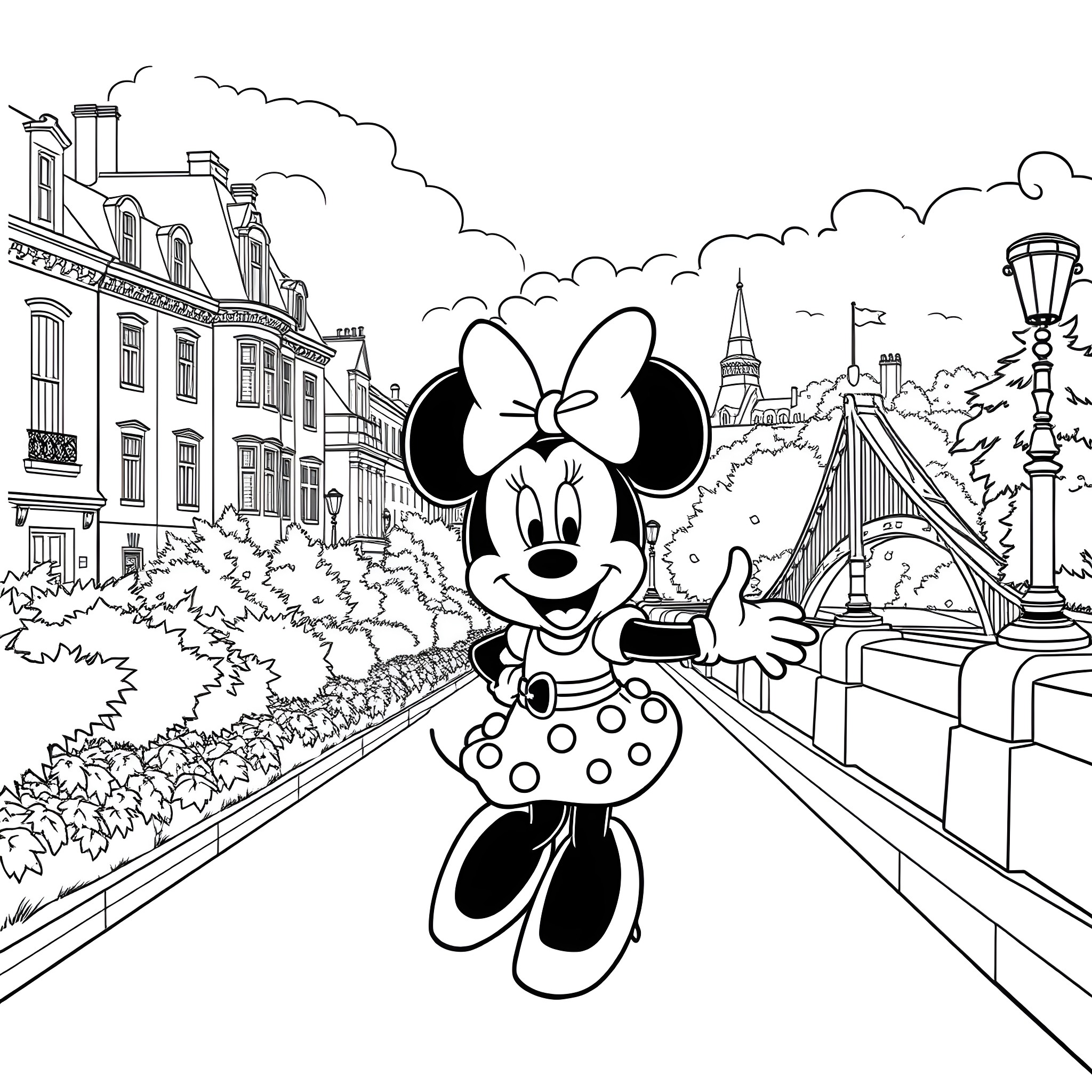 Minnie Mouse exploring the streets of Paris Coloring Page (free black-and-white line drawing printable PDF for all, from beginners to advanced learners, including children, teens, adults, and seniors)