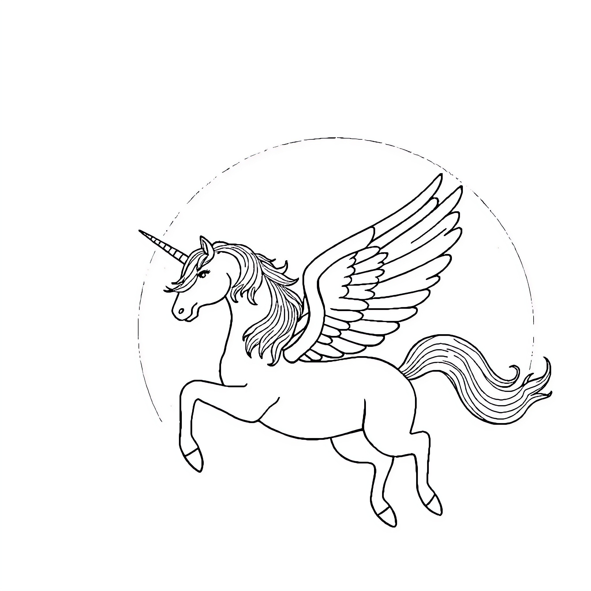 Unicorn with majestic wings soaring in the sky Coloring Page (free black-and-white line drawing printable PDF for all, from beginners to advanced learners, including children, teens, adults, and seniors)