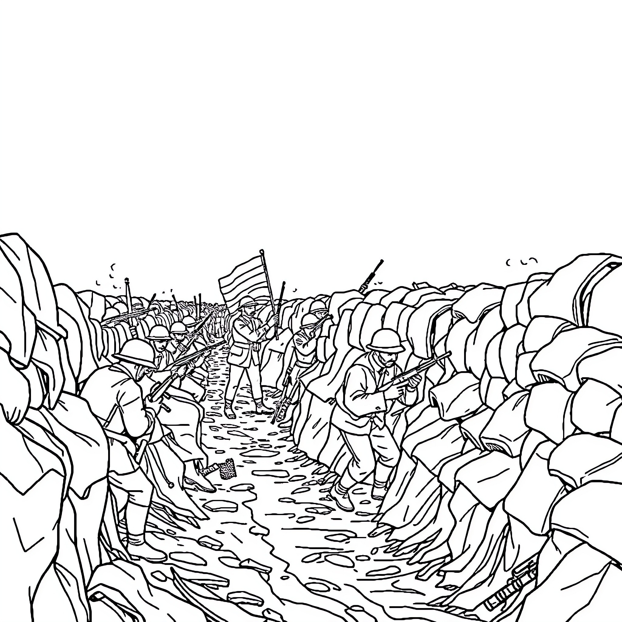 World War One Soldiers Advancing Through Trenches Coloring Page (free black-and-white line drawing printable PDF for all, from beginners to advanced learners, including children, teens, adults, and seniors)