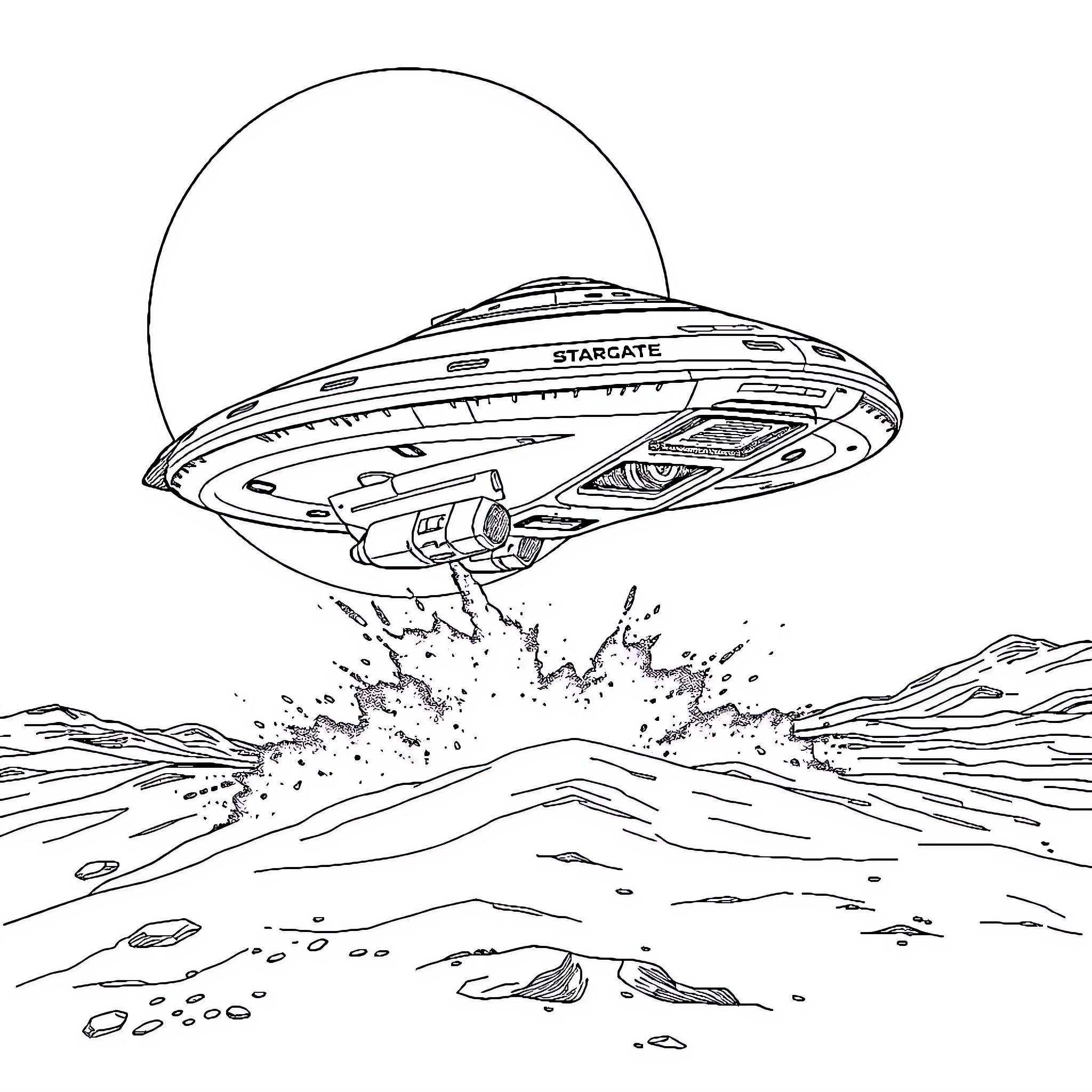 Spaceship launching over rocky terrain Coloring Page (free black-and-white line drawing printable PDF for all, from beginners to advanced learners, including children, teens, adults, and seniors)