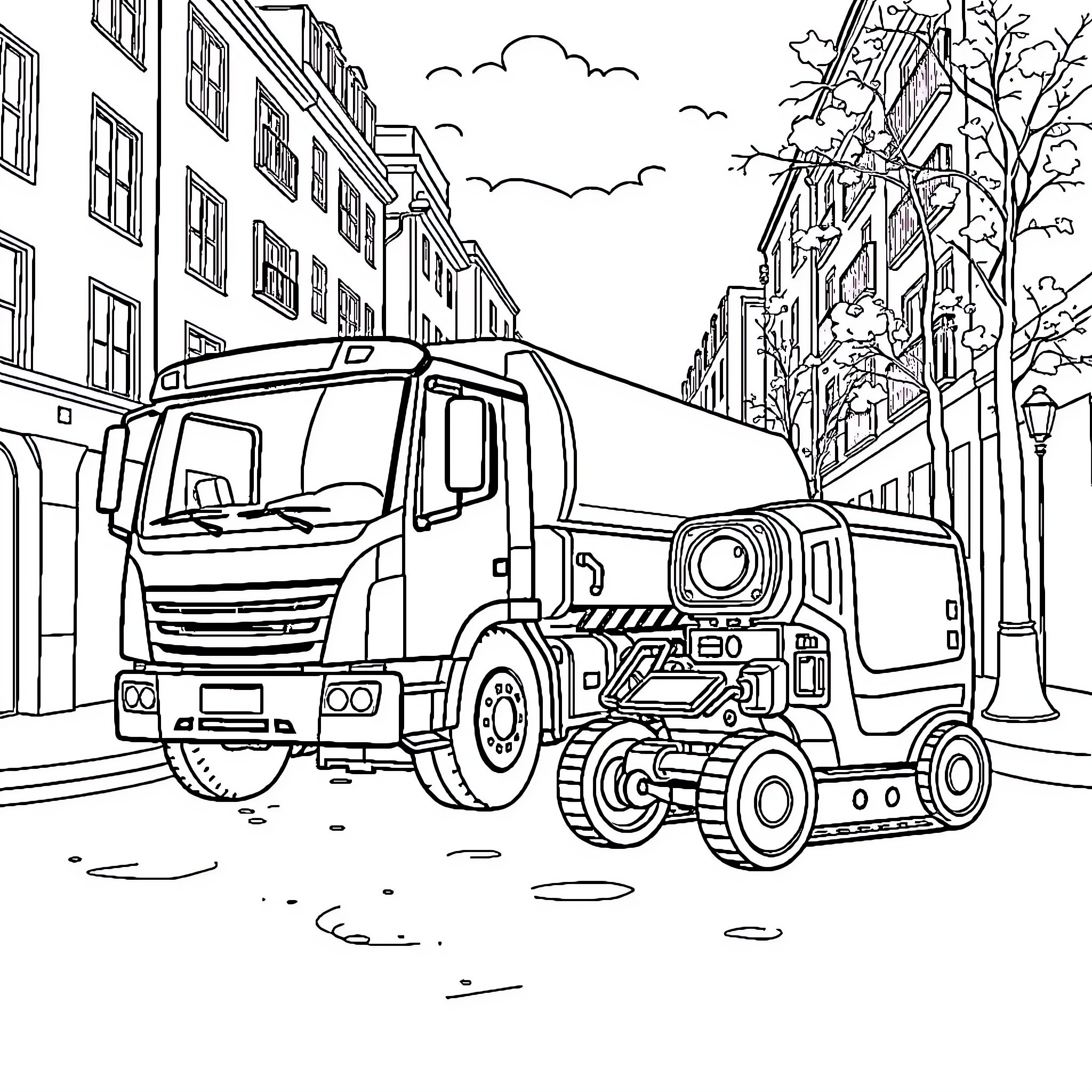 Camion vehicles at work in urban setting Coloring Page (free black-and-white line drawing printable PDF for all, from beginners to advanced learners, including children, teens, adults, and seniors)