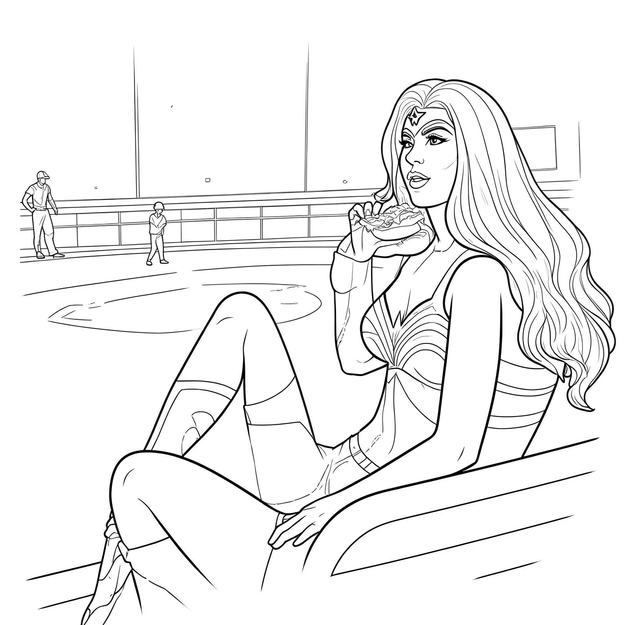 Wonder Woman relaxing in a scenic setting Coloring Page (free black-and-white line drawing printable PDF for all, from beginners to advanced learners, including children, teens, adults, and seniors)