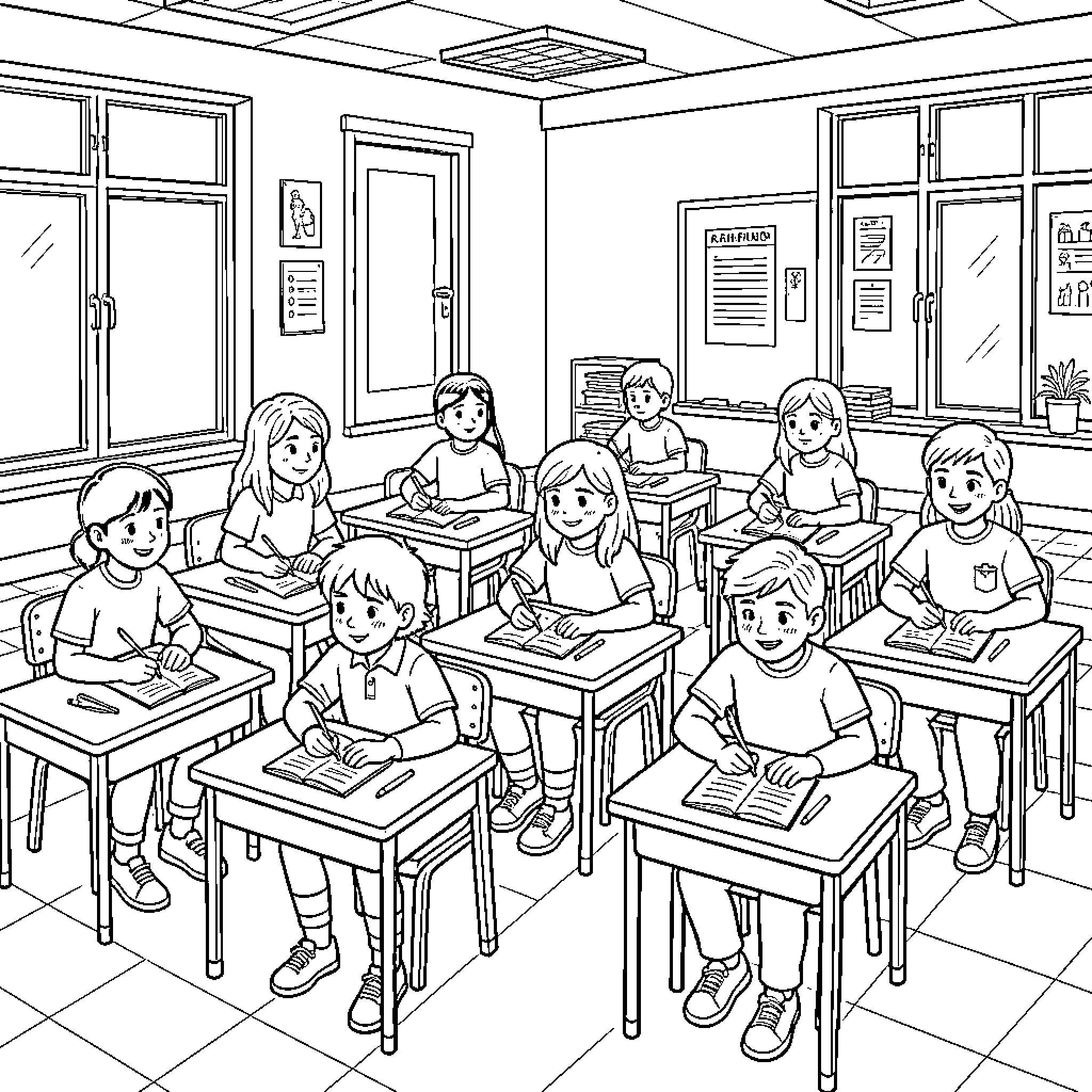 Students learning diligently in a classroom Coloring Page (free black-and-white line drawing printable PDF for all, from beginners to advanced learners, including children, teens, adults, and seniors)