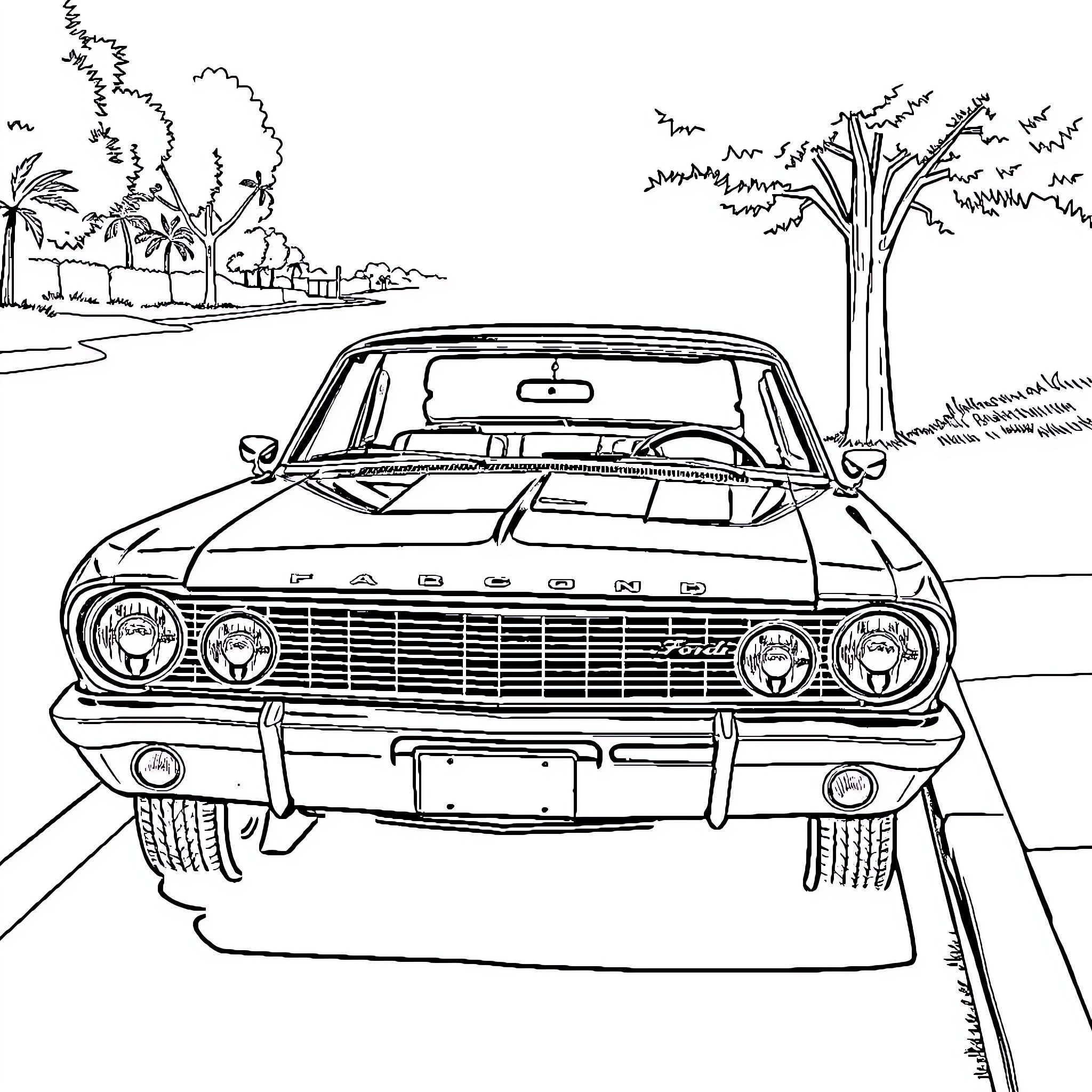 Ford Falcon parked in a scenic landscape Coloring Page (free black-and-white line drawing printable PDF for all, from beginners to advanced learners, including children, teens, adults, and seniors)