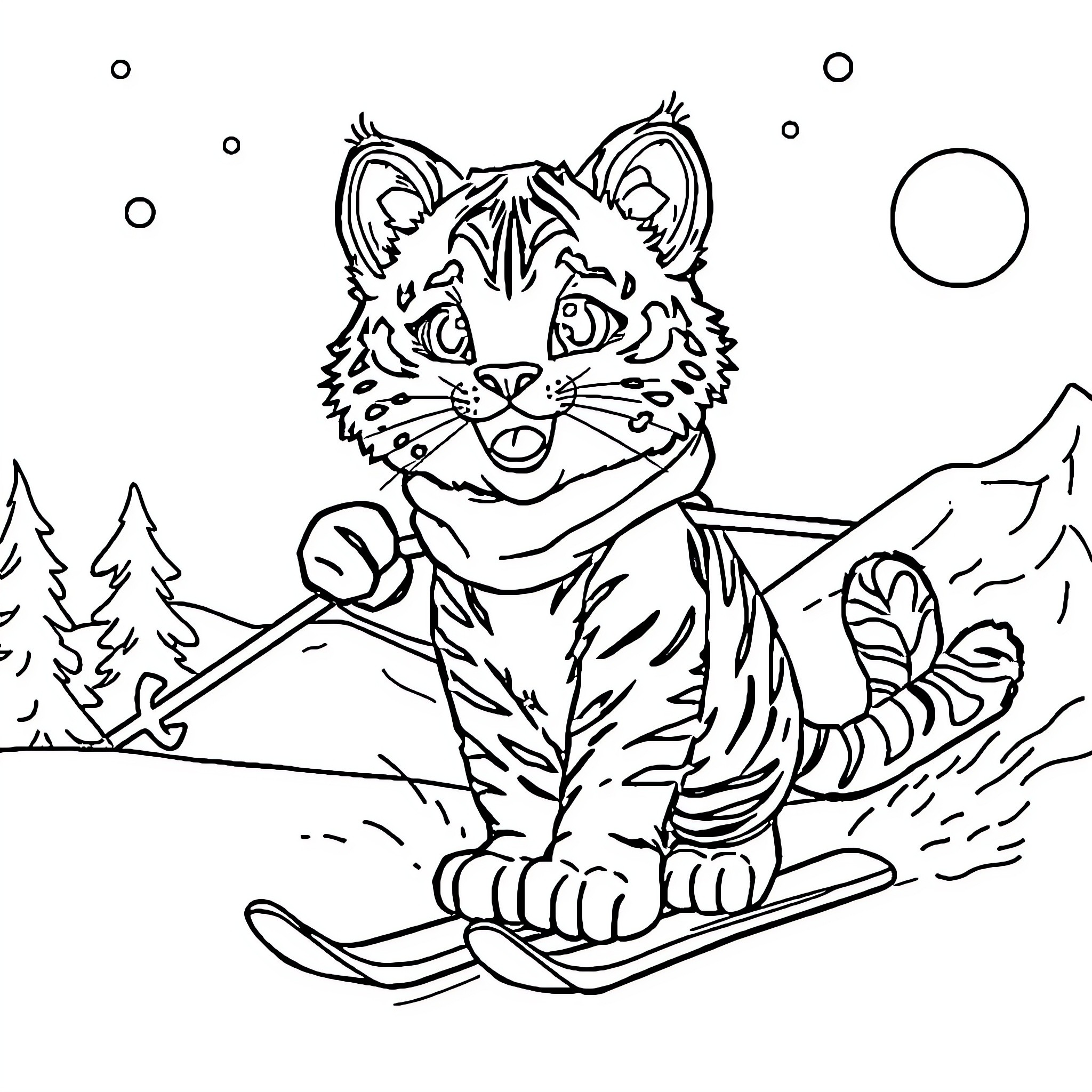 Chat of a Tiger Skiing in the Mountains Coloring Page (free black-and-white line drawing printable PDF for all, from beginners to advanced learners, including children, teens, adults, and seniors)