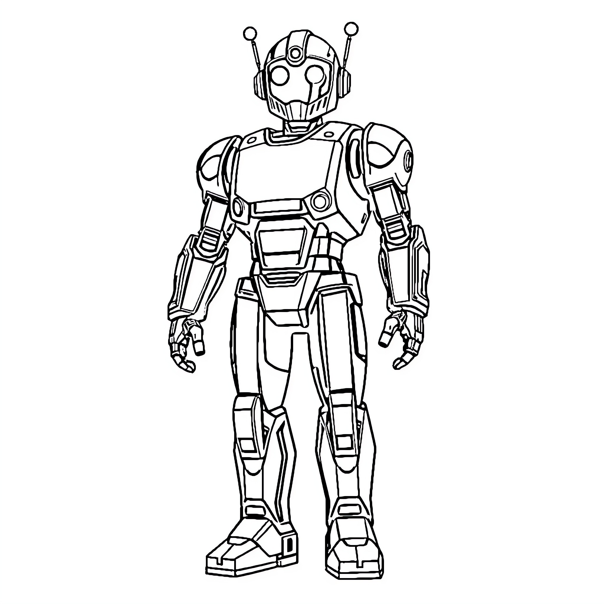 Robot standing in a neutral pose Coloring Page (free black-and-white line drawing printable PDF for all, from beginners to advanced learners, including children, teens, adults, and seniors)