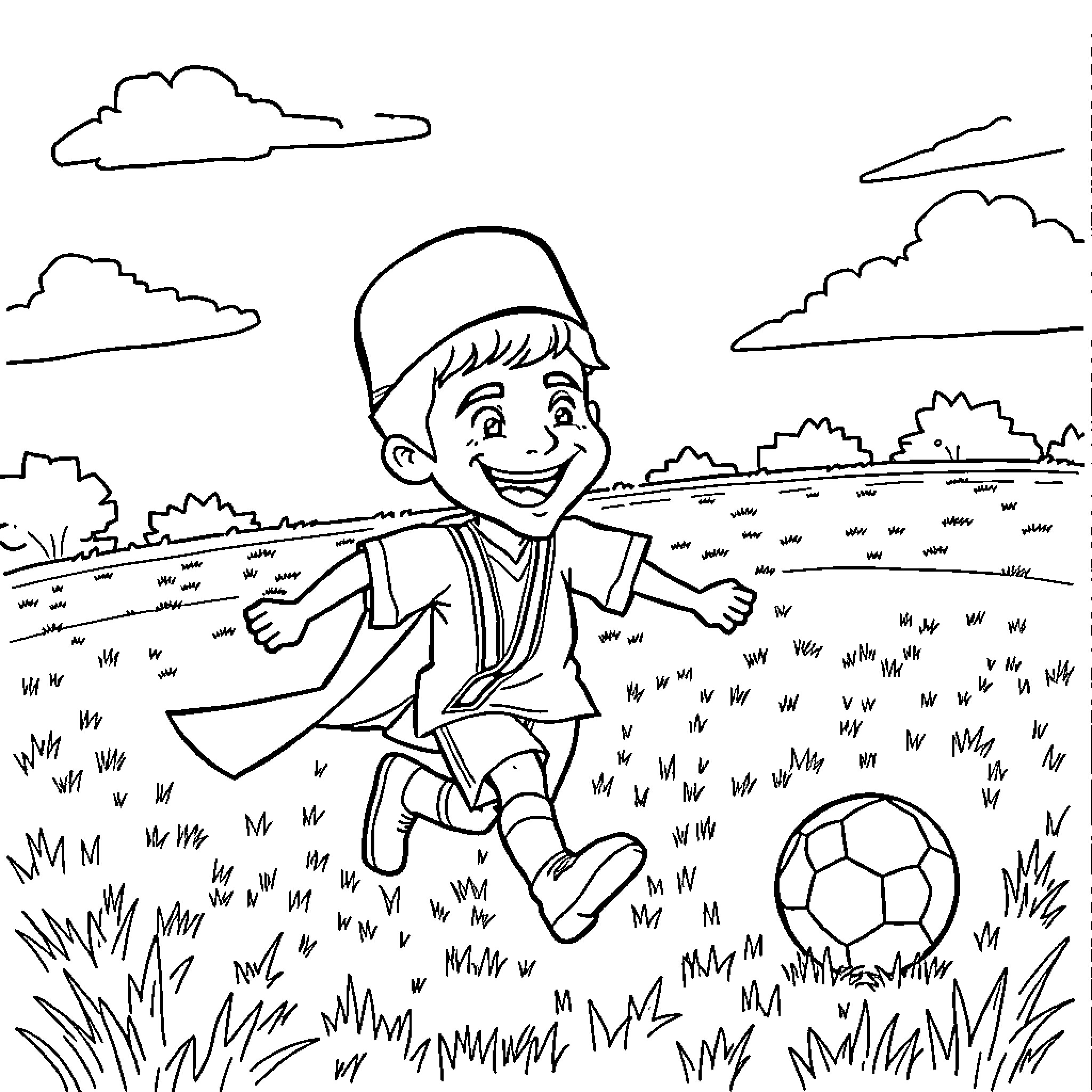 Rabbi playing soccer in the countryside Coloring Page (free black-and-white line drawing printable PDF for all, from beginners to advanced learners, including children, teens, adults, and seniors)
