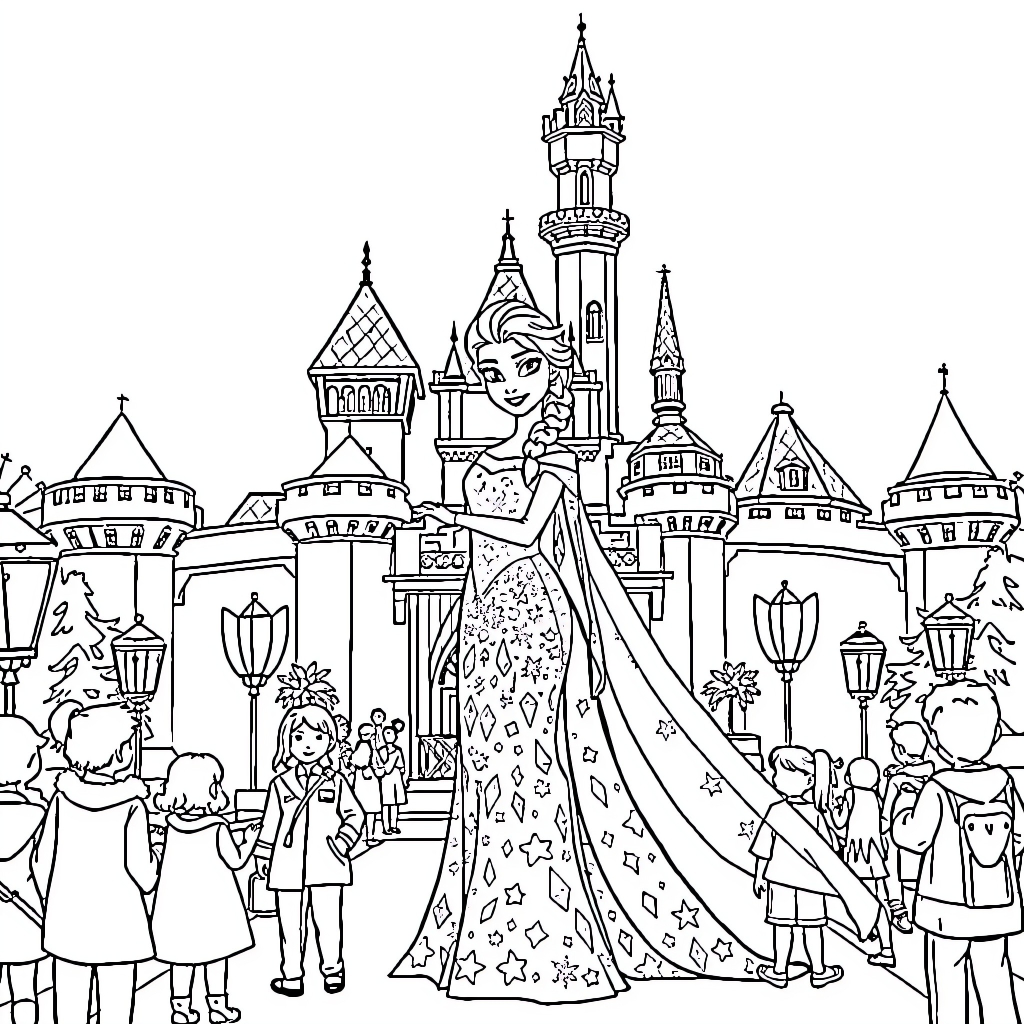 Elsa's Magical Castle Adventure Coloring Page (free black-and-white line drawing printable PDF for all, from beginners to advanced learners, including children, teens, adults, and seniors)