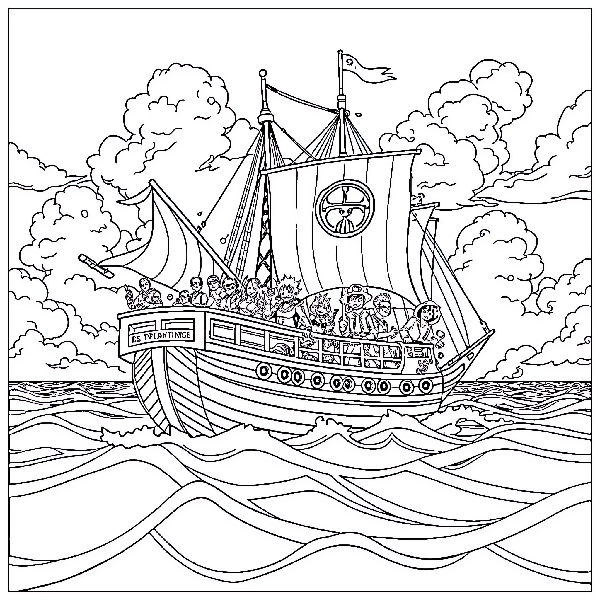 One Piece Sailing Adventure on the High Seas Coloring Page (free black-and-white line drawing printable PDF for all, from beginners to advanced learners, including children, teens, adults, and seniors)