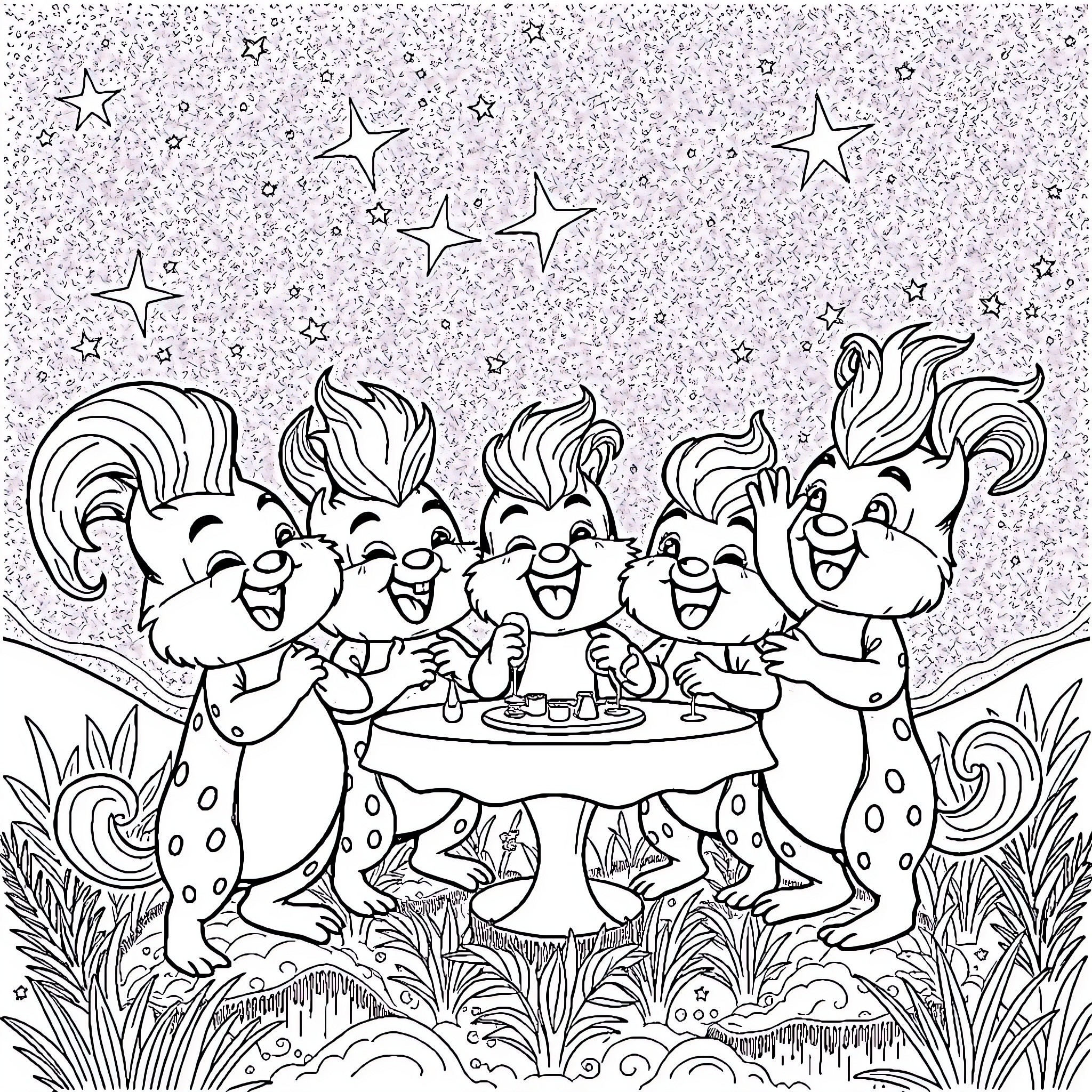Sprunkie's Merry Celebration in the Starry Night Coloring Page (free black-and-white line drawing printable PDF for all, from beginners to advanced learners, including children, teens, adults, and seniors)
