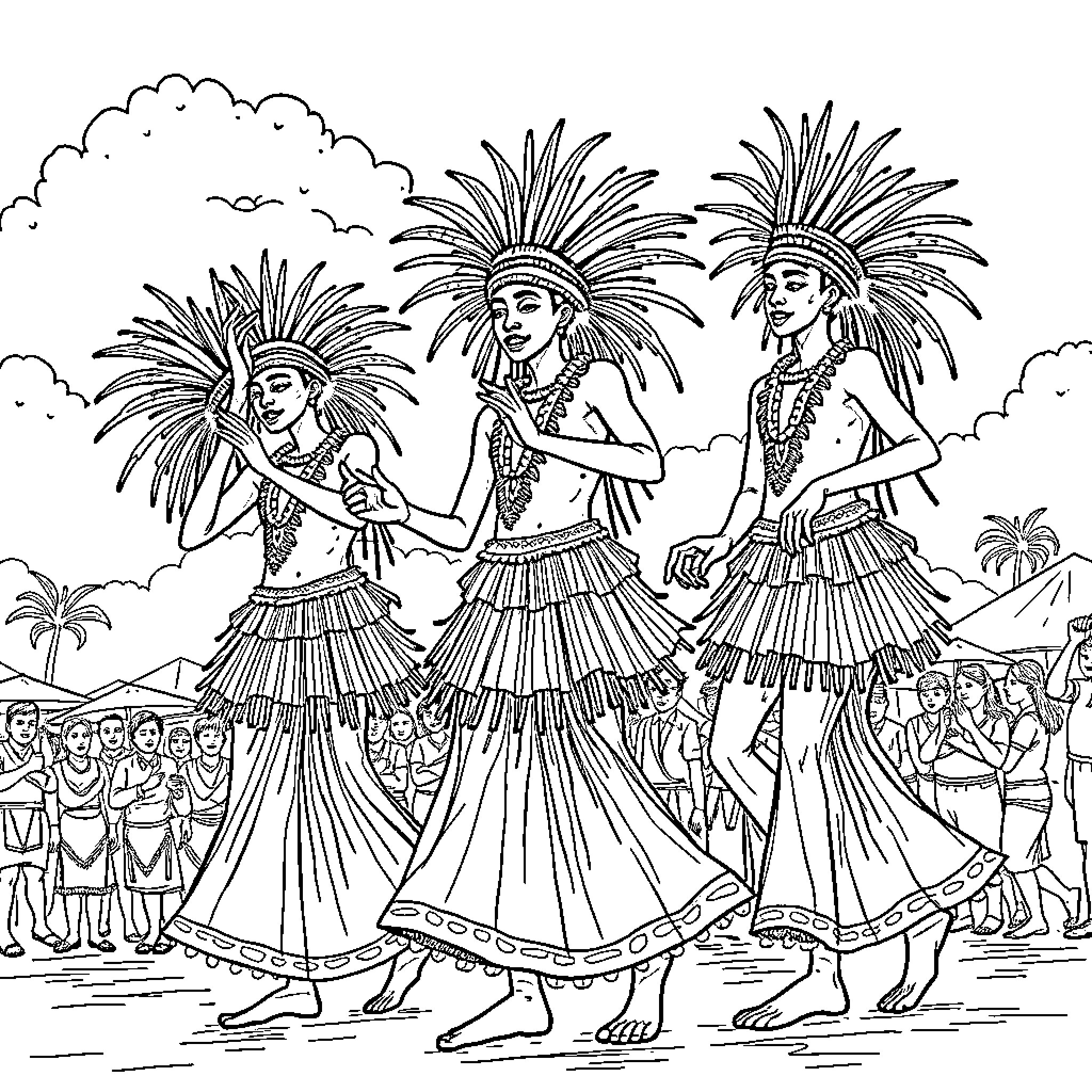 Moko Jumbie dancers in traditional costumes and headdresses Coloring Page (free black-and-white line drawing printable PDF for all, from beginners to advanced learners, including children, teens, adults, and seniors)