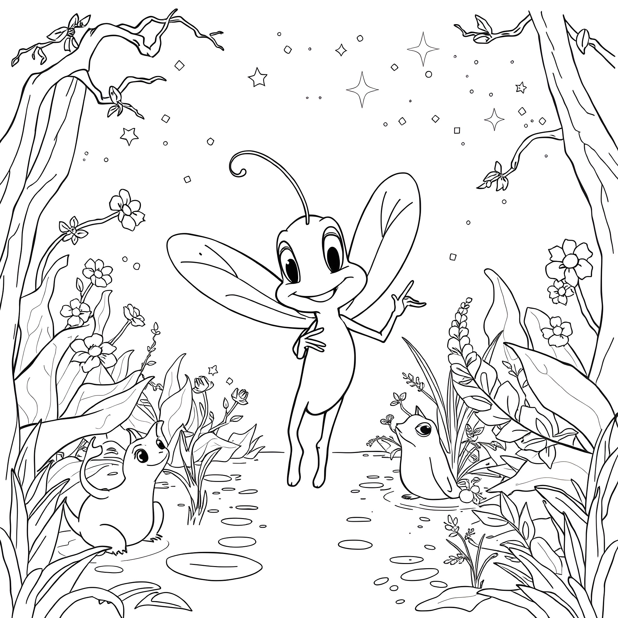 Ray's Magical Forest Adventure Coloring Page (free black-and-white line drawing printable PDF for all, from beginners to advanced learners, including children, teens, adults, and seniors)