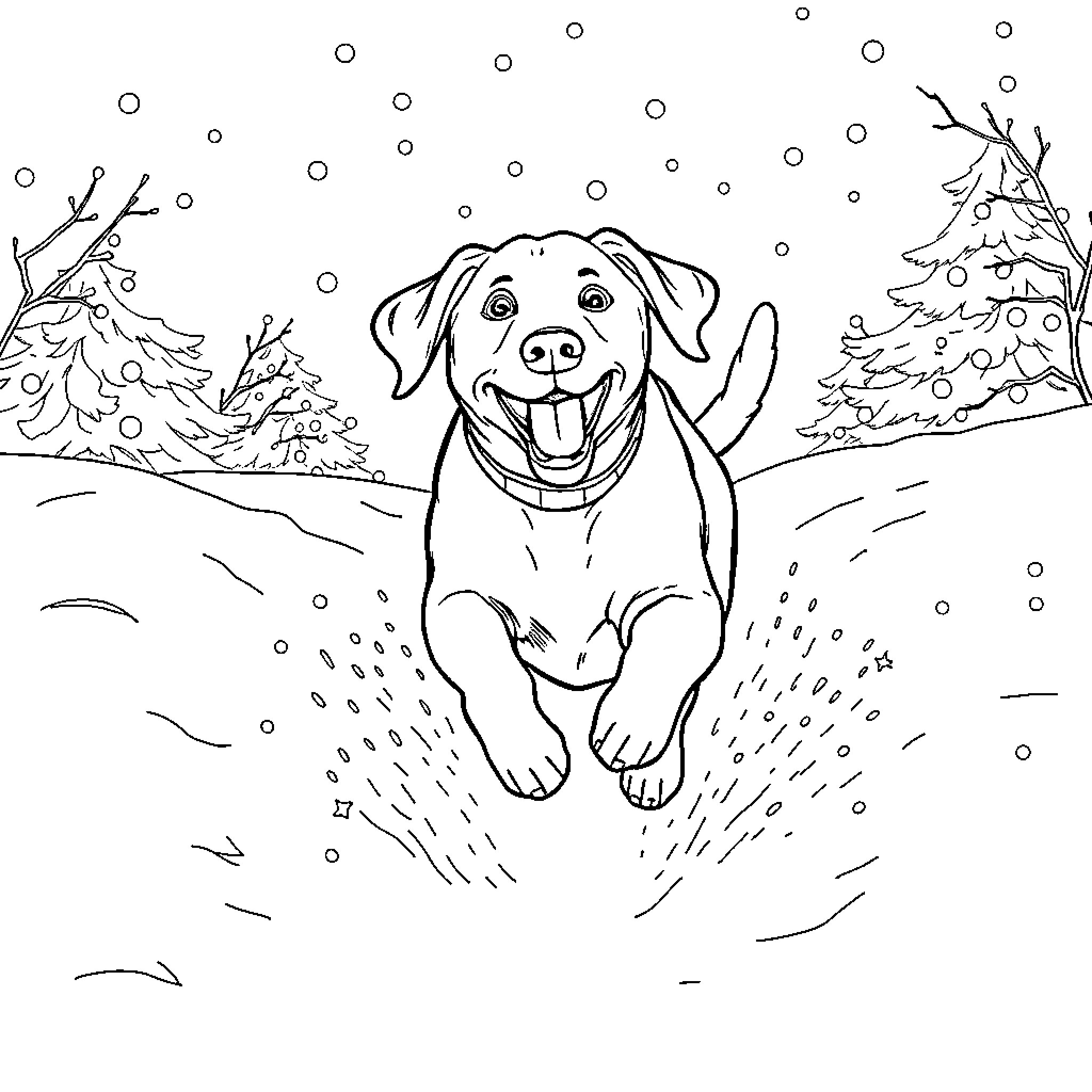 Labrador playing joyfully in the snowy winter landscape Coloring Page (free black-and-white line drawing printable PDF for all, from beginners to advanced learners, including children, teens, adults, and seniors)