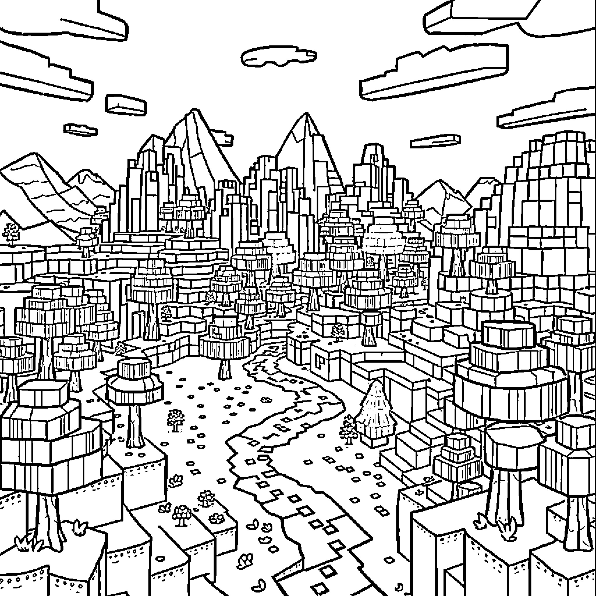 Minecraft Cityscape with Towering Skyscrapers Coloring Page (free black-and-white line drawing printable PDF for all, from beginners to advanced learners, including children, teens, adults, and seniors)