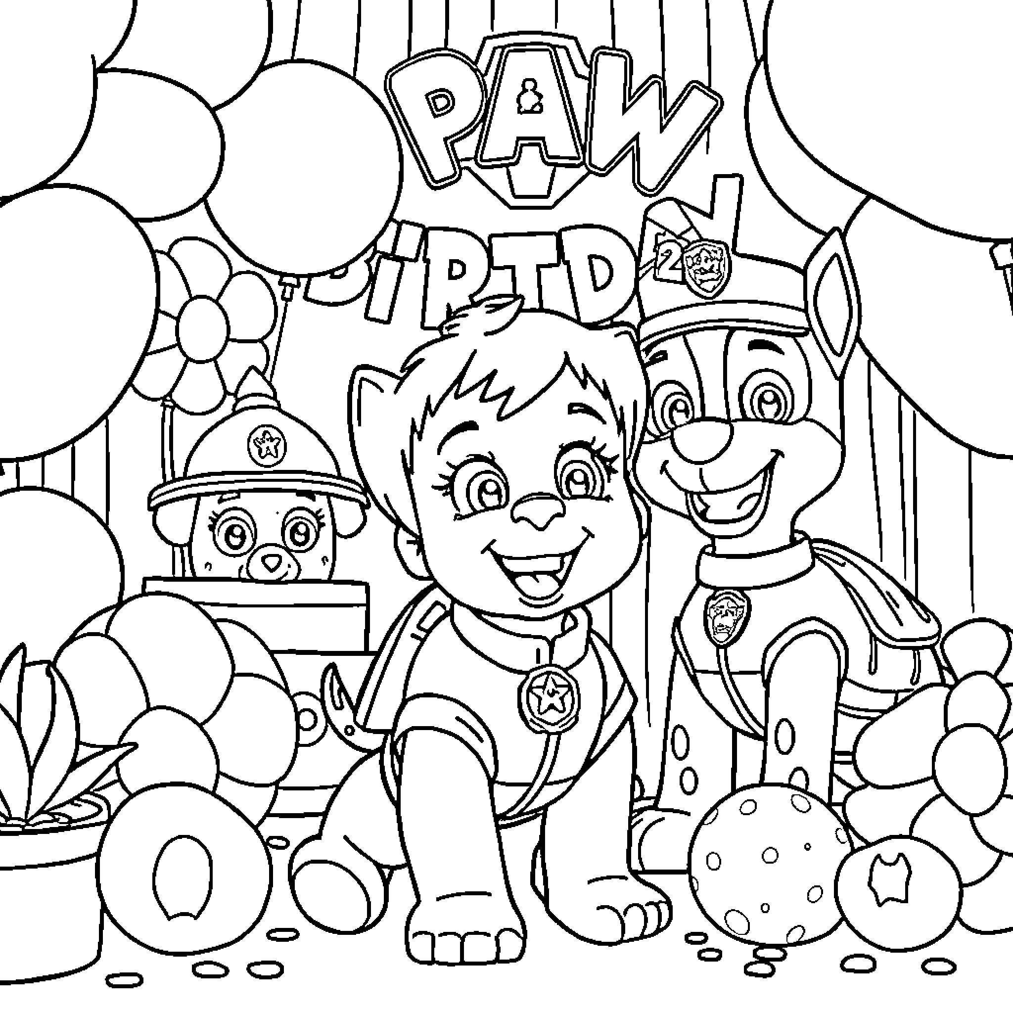 Paw Patrol characters in a playful scene Coloring Page (free black-and-white line drawing printable PDF for all, from beginners to advanced learners, including children, teens, adults, and seniors)