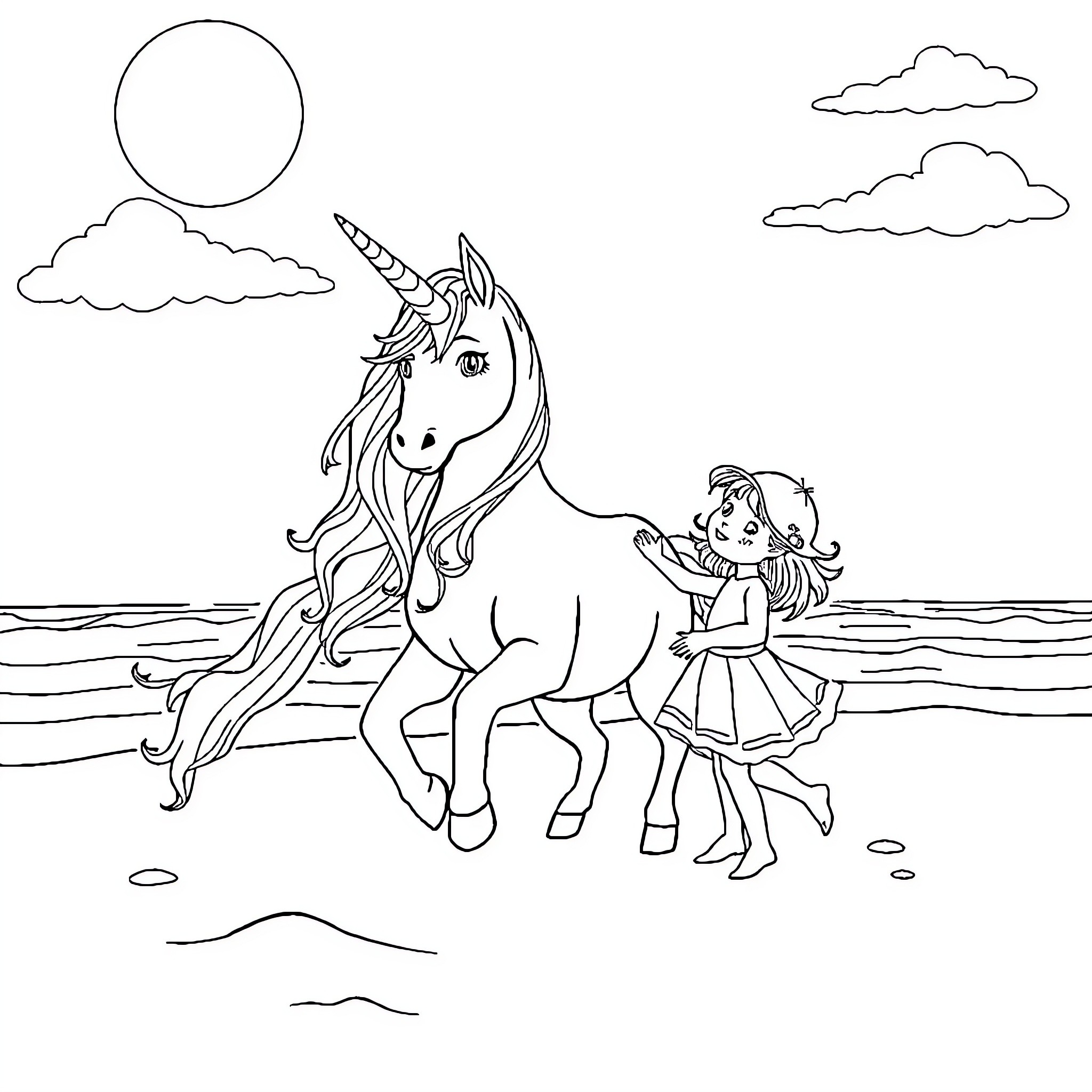 Unicorn and girl exploring the beach Coloring Page (free black-and-white line drawing printable PDF for all, from beginners to advanced learners, including children, teens, adults, and seniors)