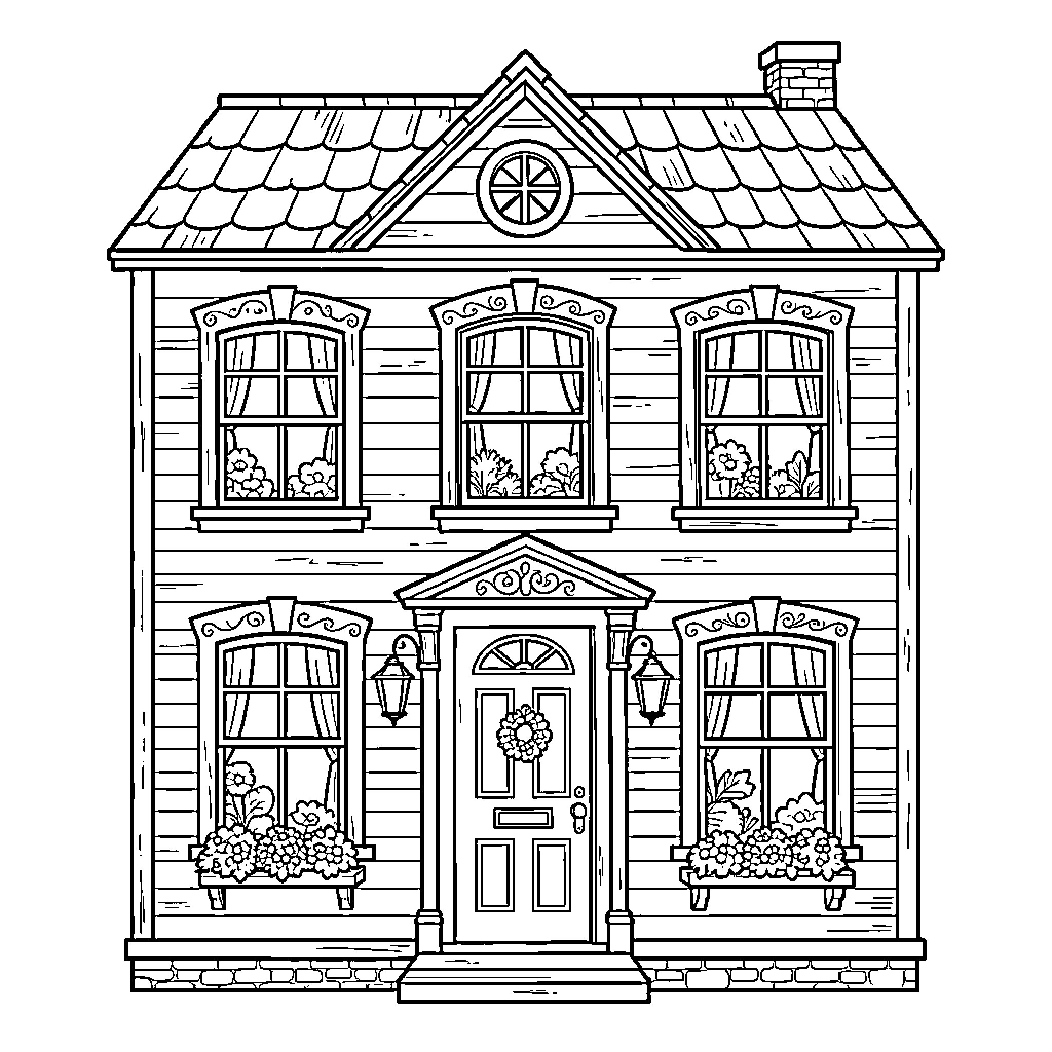 Dollhouse standing with elegant architectural details and flower boxes Coloring Page (free black-and-white line drawing printable PDF for all, from beginners to advanced learners, including children, teens, adults, and seniors)
