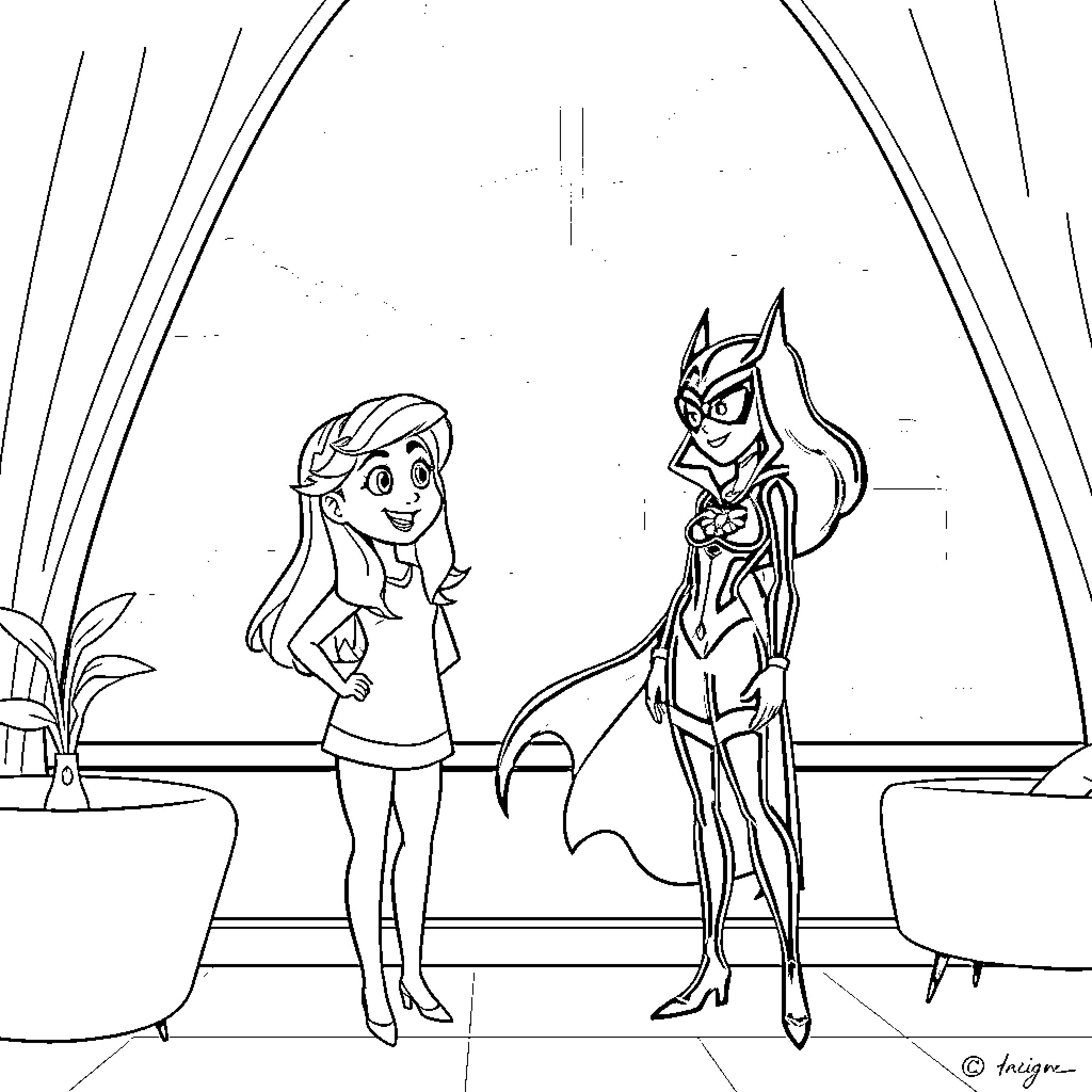 Kim Possible and sidekick in heroic poses Coloring Page (free black-and-white line drawing printable PDF for all, from beginners to advanced learners, including children, teens, adults, and seniors)