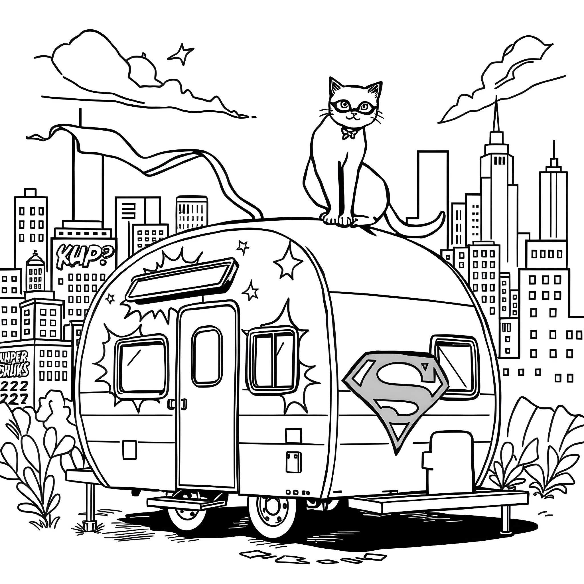 Cat enjoying the city life in a camper van Coloring Page (free black-and-white line drawing printable PDF for all, from beginners to advanced learners, including children, teens, adults, and seniors)