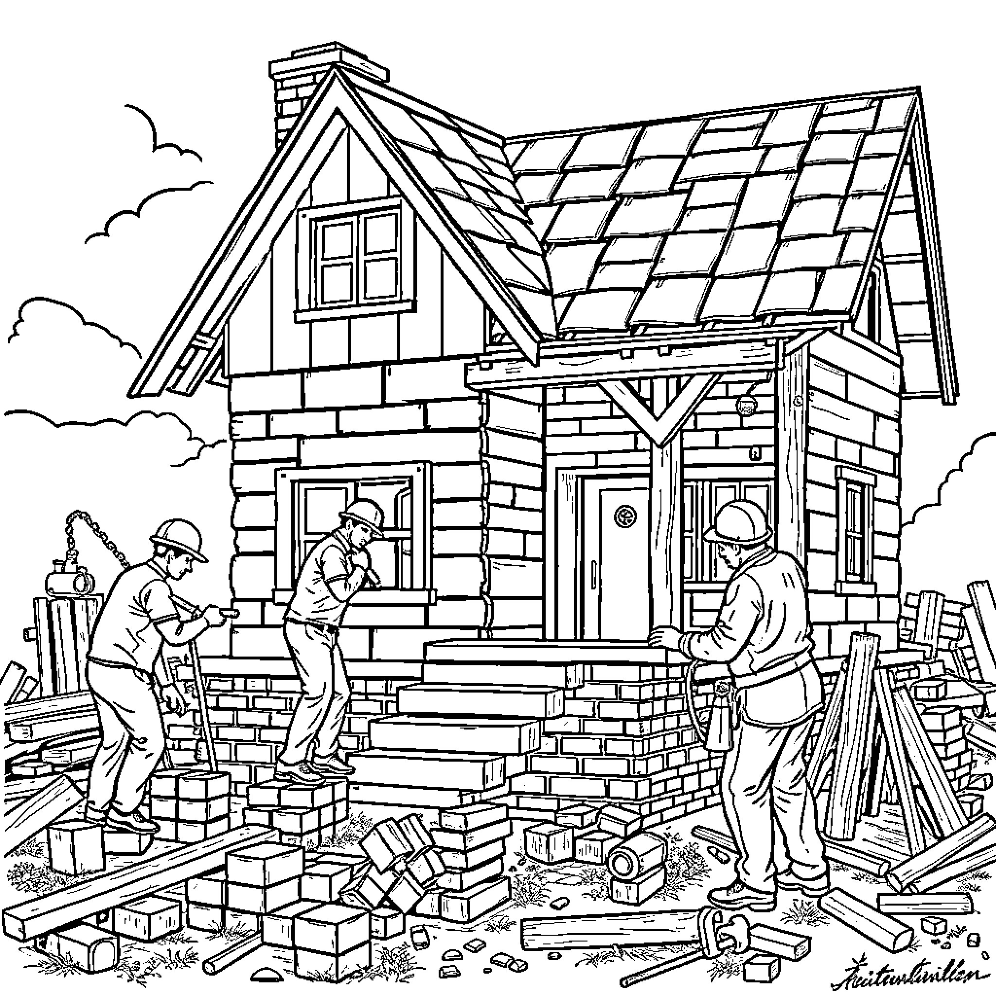 House under construction with workers Coloring Page (free black-and-white line drawing printable PDF for all, from beginners to advanced learners, including children, teens, adults, and seniors)