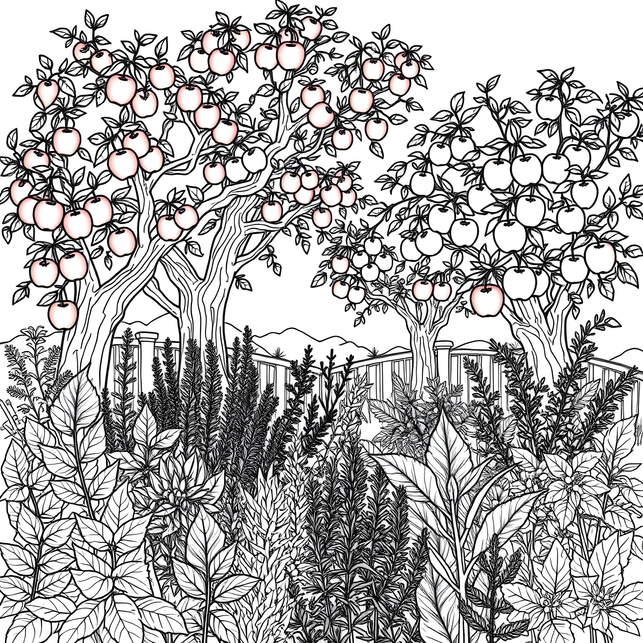 Herb Garden with Flourishing Fruit Trees Coloring Page (free black-and-white line drawing printable PDF for all, from beginners to advanced learners, including children, teens, adults, and seniors)