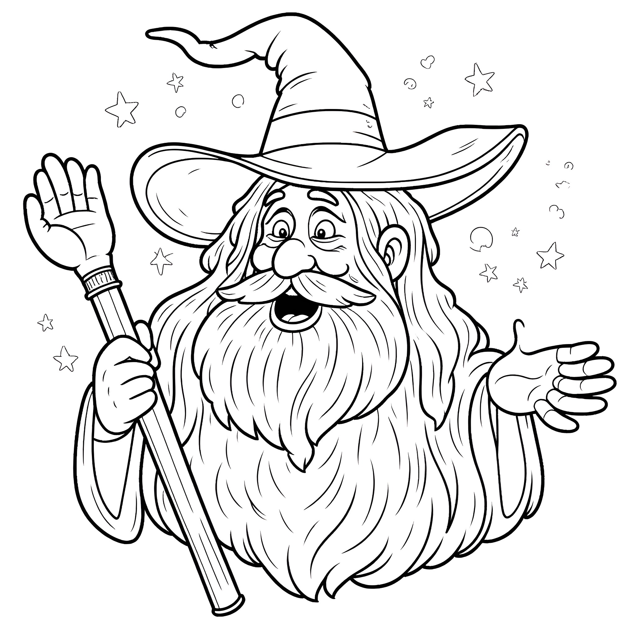 Wizard casting spells with magical stars Coloring Page (free black-and-white line drawing printable PDF for all, from beginners to advanced learners, including children, teens, adults, and seniors)
