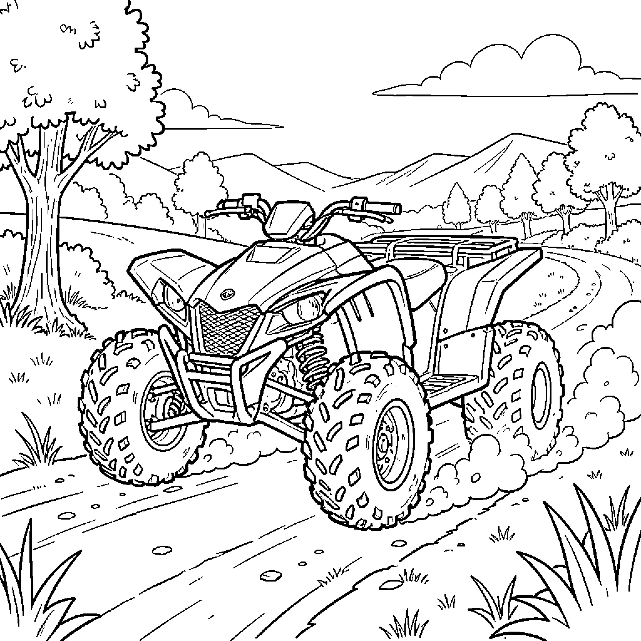 Quad racing through a rural landscape Coloring Page (free black-and-white line drawing printable PDF for all, from beginners to advanced learners, including children, teens, adults, and seniors)