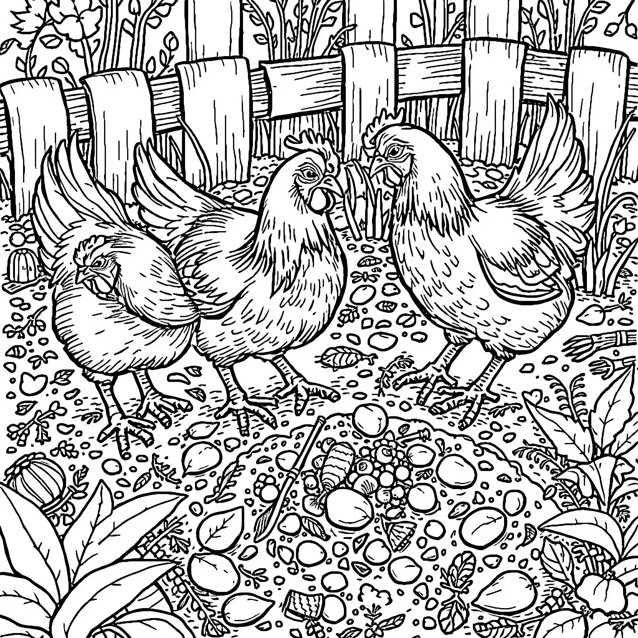 Chicken family exploring the garden Coloring Page (free black-and-white line drawing printable PDF for all, from beginners to advanced learners, including children, teens, adults, and seniors)