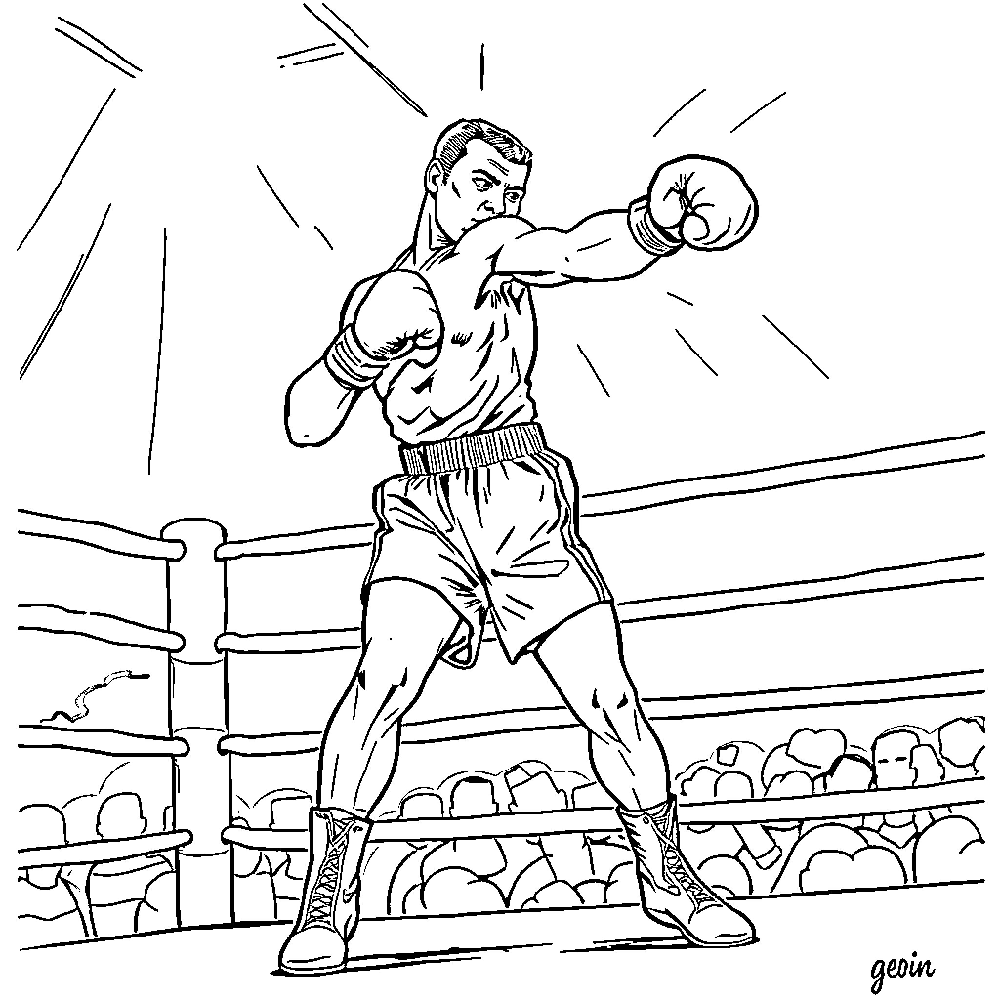 Mohammed Ali boxing in the ring Coloring Page (free black-and-white line drawing printable PDF for all, from beginners to advanced learners, including children, teens, adults, and seniors)