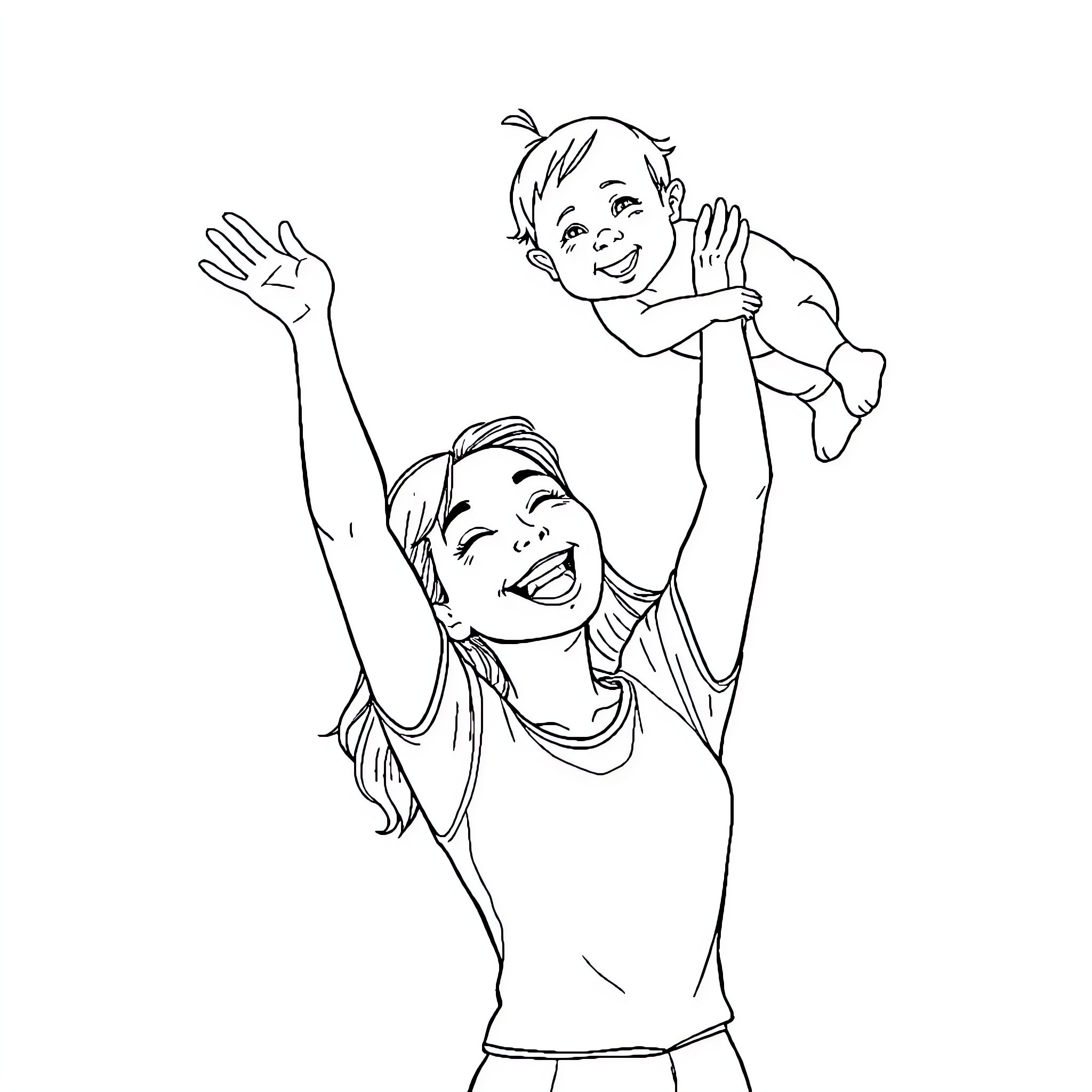 Mother joyfully playing with child Coloring Page (free black-and-white line drawing printable PDF for all, from beginners to advanced learners, including children, teens, adults, and seniors)