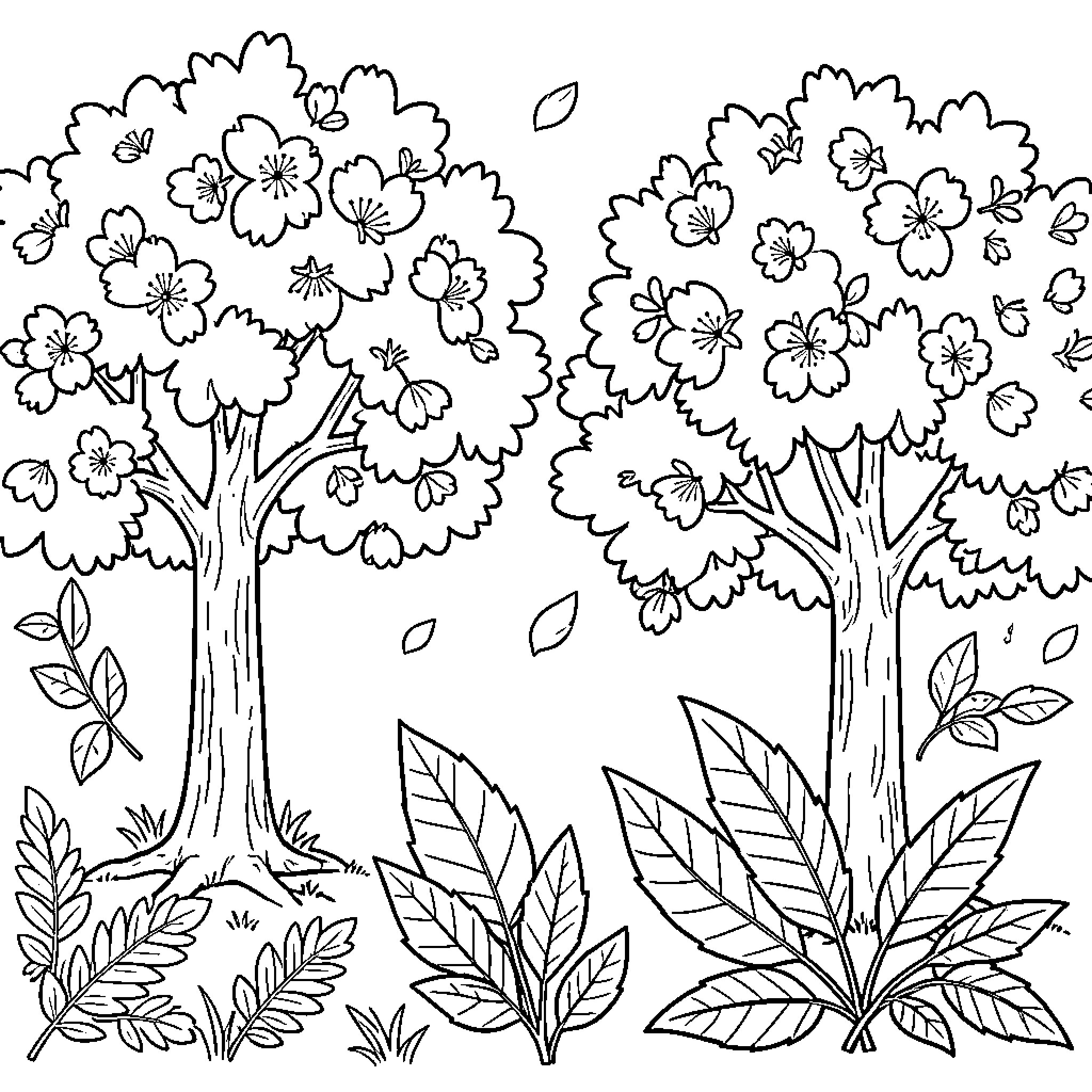 Sakura trees blooming with falling petals in nature Coloring Page (free black-and-white line drawing printable PDF for all, from beginners to advanced learners, including children, teens, adults, and seniors)