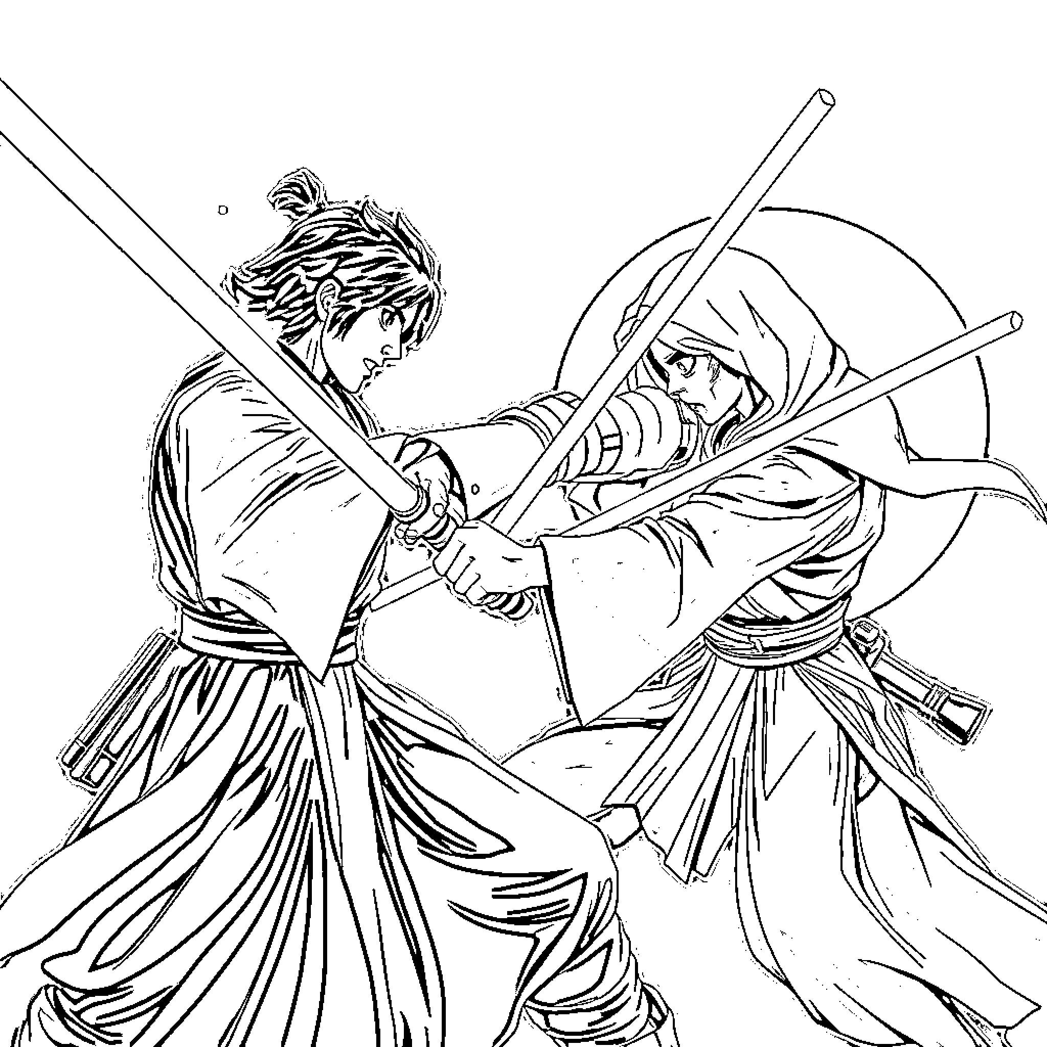 Tanjiro and Nezuko in fierce combat Coloring Page (free black-and-white line drawing printable PDF for all, from beginners to advanced learners, including children, teens, adults, and seniors)
