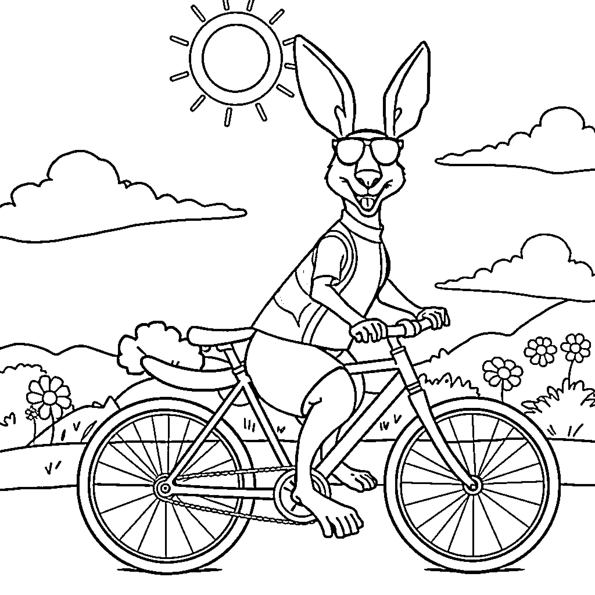 Kangaroo riding a bicycle in a sunny landscape Coloring Page (free black-and-white line drawing printable PDF for all, from beginners to advanced learners, including children, teens, adults, and seniors)