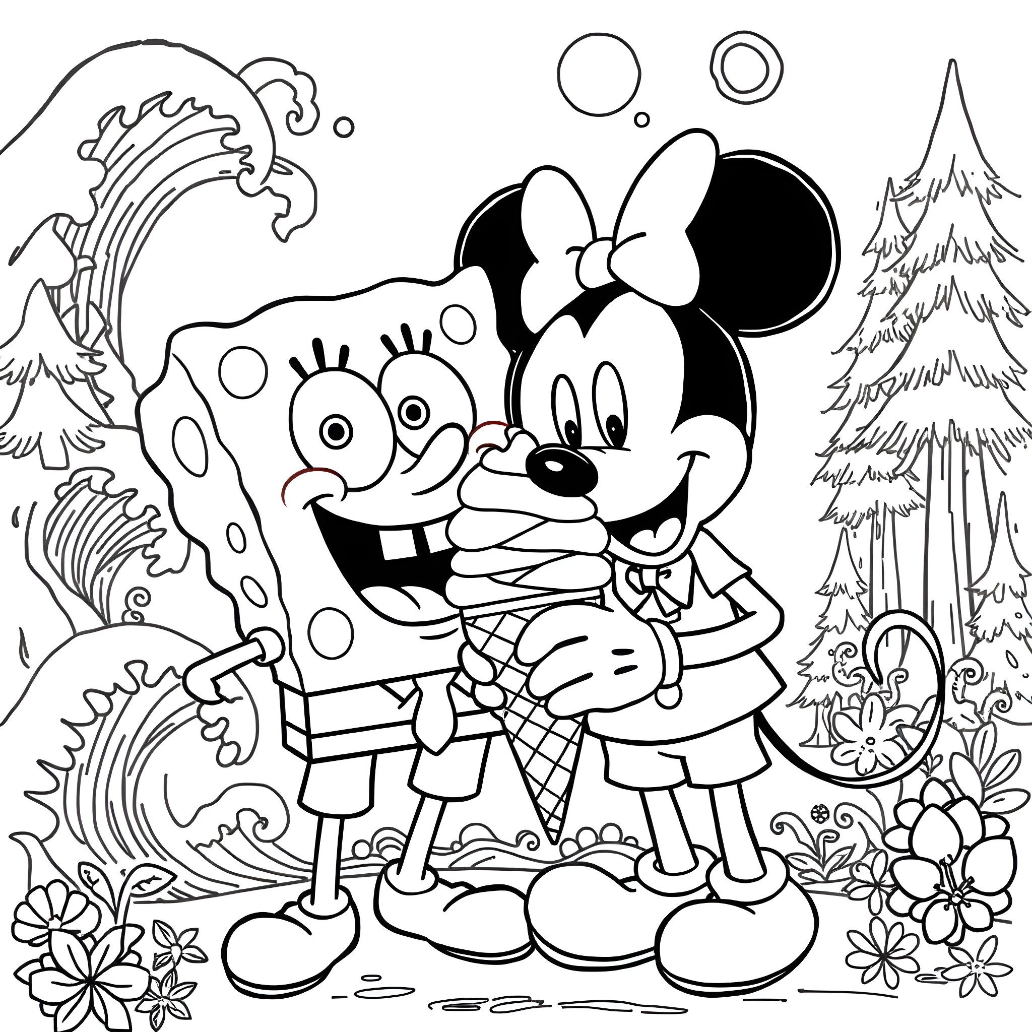 Spongebob and Minnie Mouse enjoying an ice cream date Coloring Page (free black-and-white line drawing printable PDF for all, from beginners to advanced learners, including children, teens, adults, and seniors)