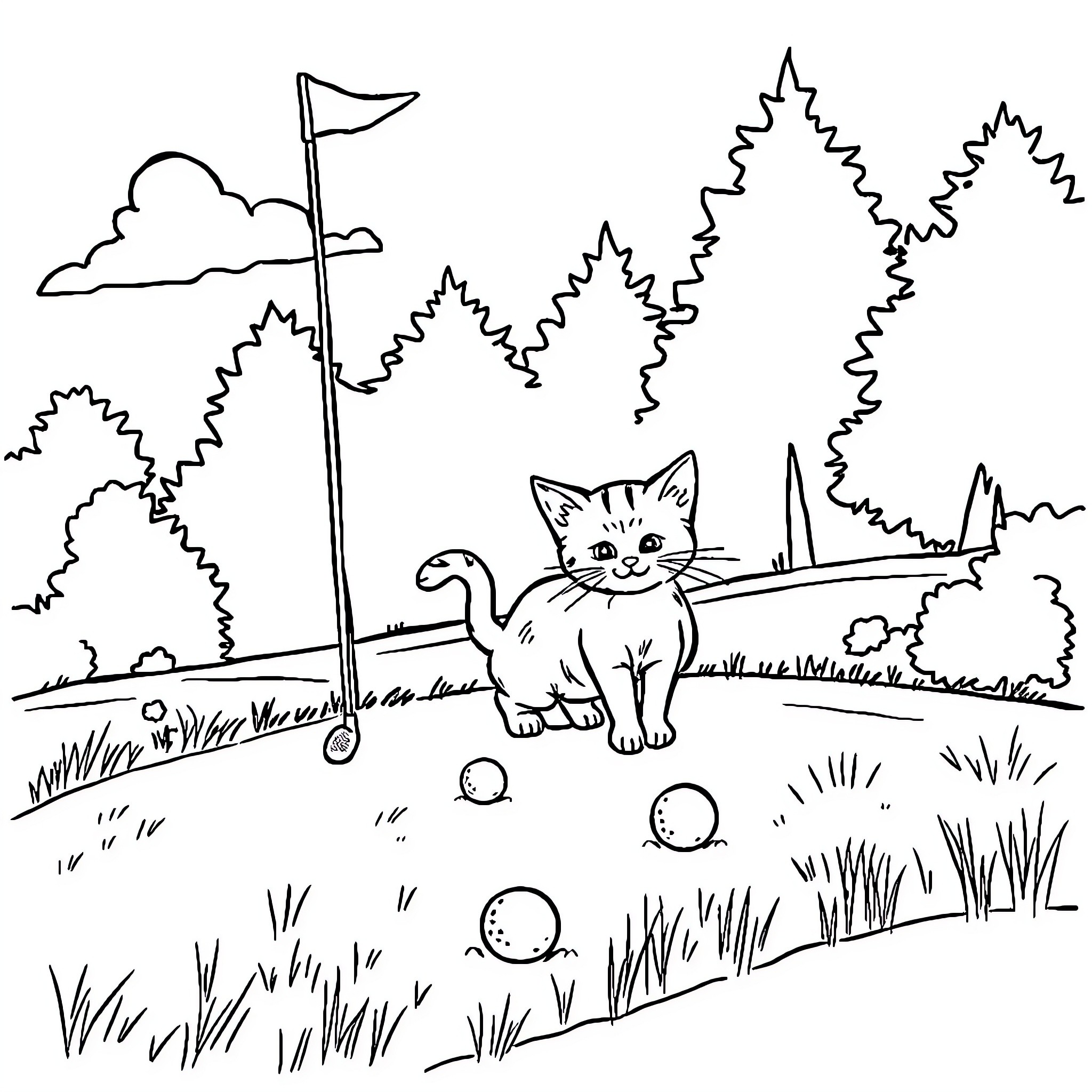 Golfer cat playing on a golf course Coloring Page (free black-and-white line drawing printable PDF for all, from beginners to advanced learners, including children, teens, adults, and seniors)