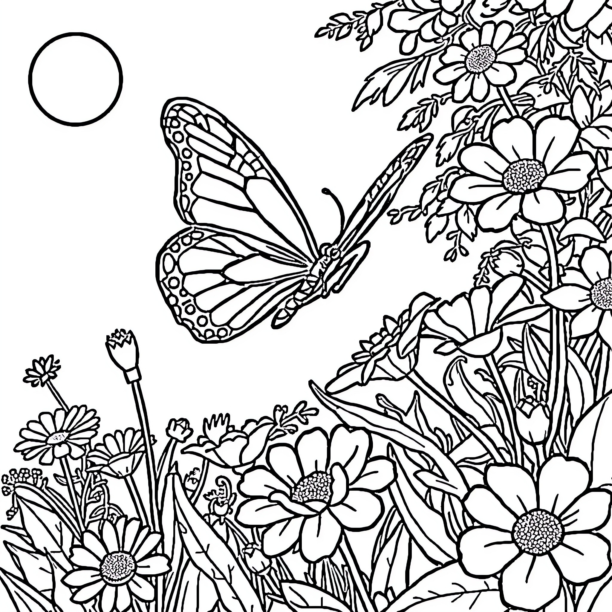 Butterfly amidst blooming floral garden Coloring Page (free black-and-white line drawing printable PDF for all, from beginners to advanced learners, including children, teens, adults, and seniors)