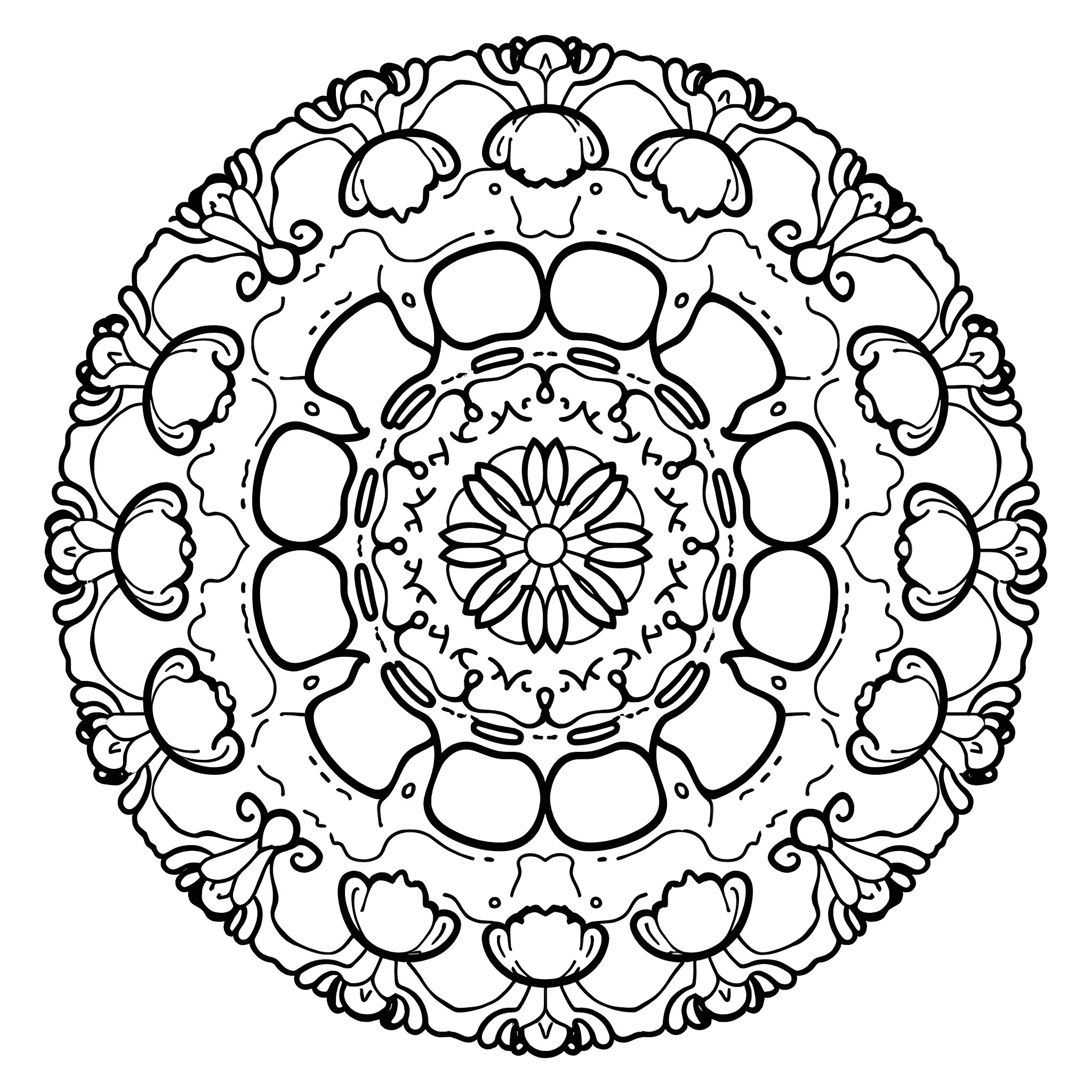 Mandala with intricate floral patterns and symmetrical design Coloring Page (free black-and-white line drawing printable PDF for all, from beginners to advanced learners, including children, teens, adults, and seniors)