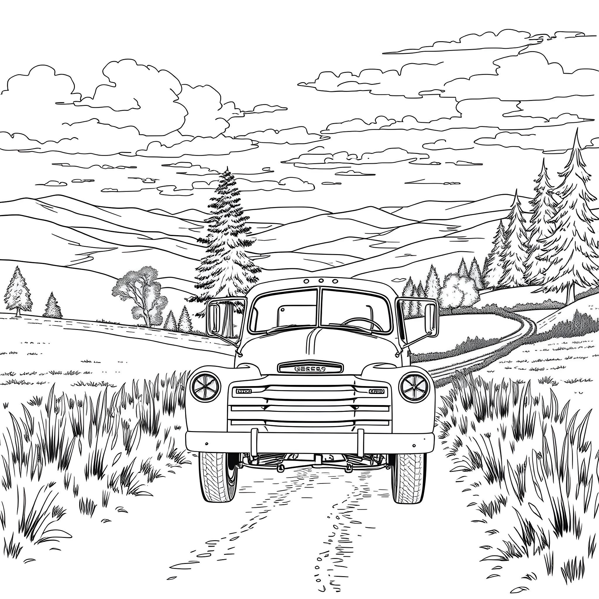 Truck driving through scenic countryside landscape Coloring Page (free black-and-white line drawing printable PDF for all, from beginners to advanced learners, including children, teens, adults, and seniors)