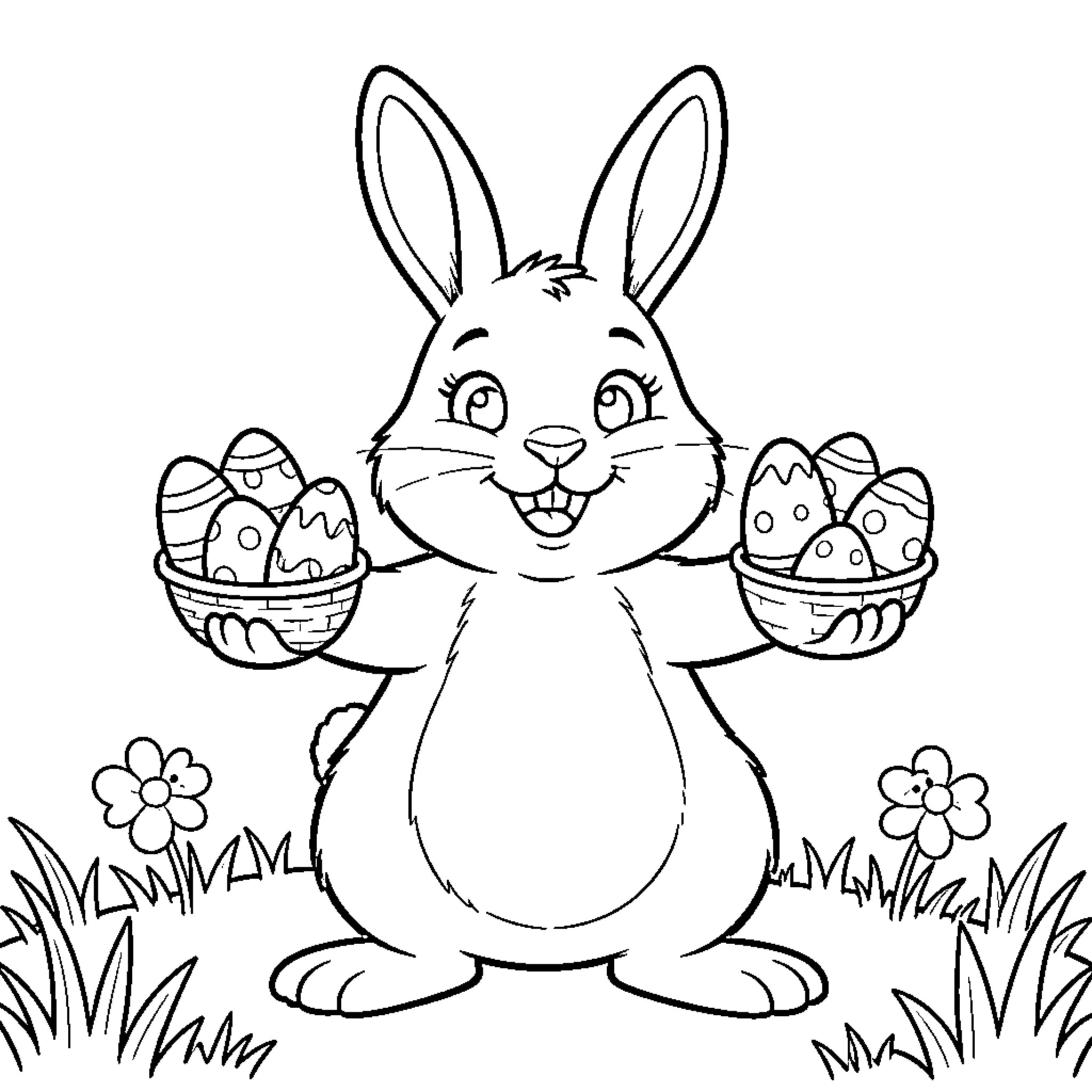 Easter Bunny Holds Colorful Eggs in Garden Coloring Page (free black-and-white line drawing printable PDF for all, from beginners to advanced learners, including children, teens, adults, and seniors)