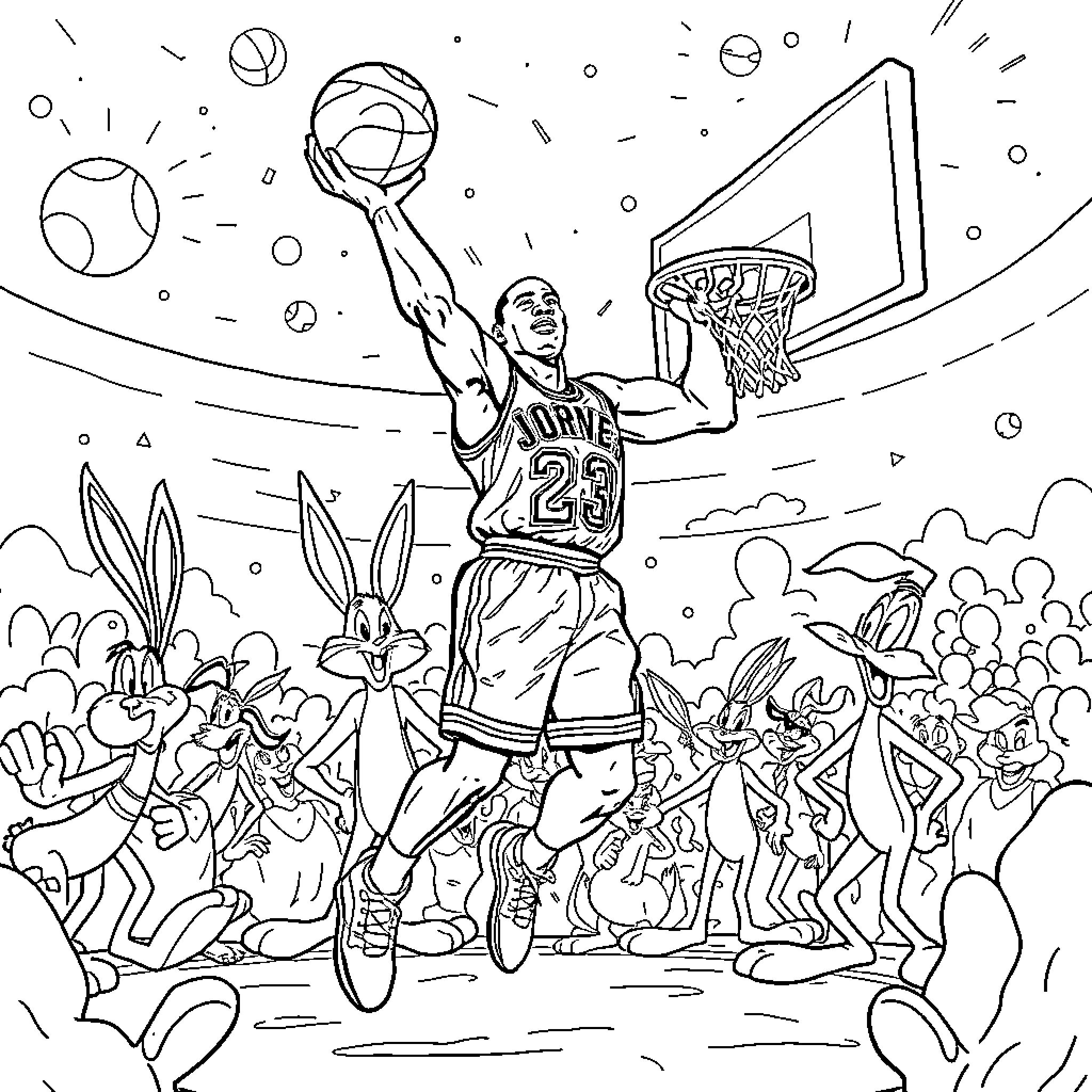 Michael Jordan soaring for a slam dunk with cartoon characters Coloring Page (free black-and-white line drawing printable PDF for all, from beginners to advanced learners, including children, teens, adults, and seniors)