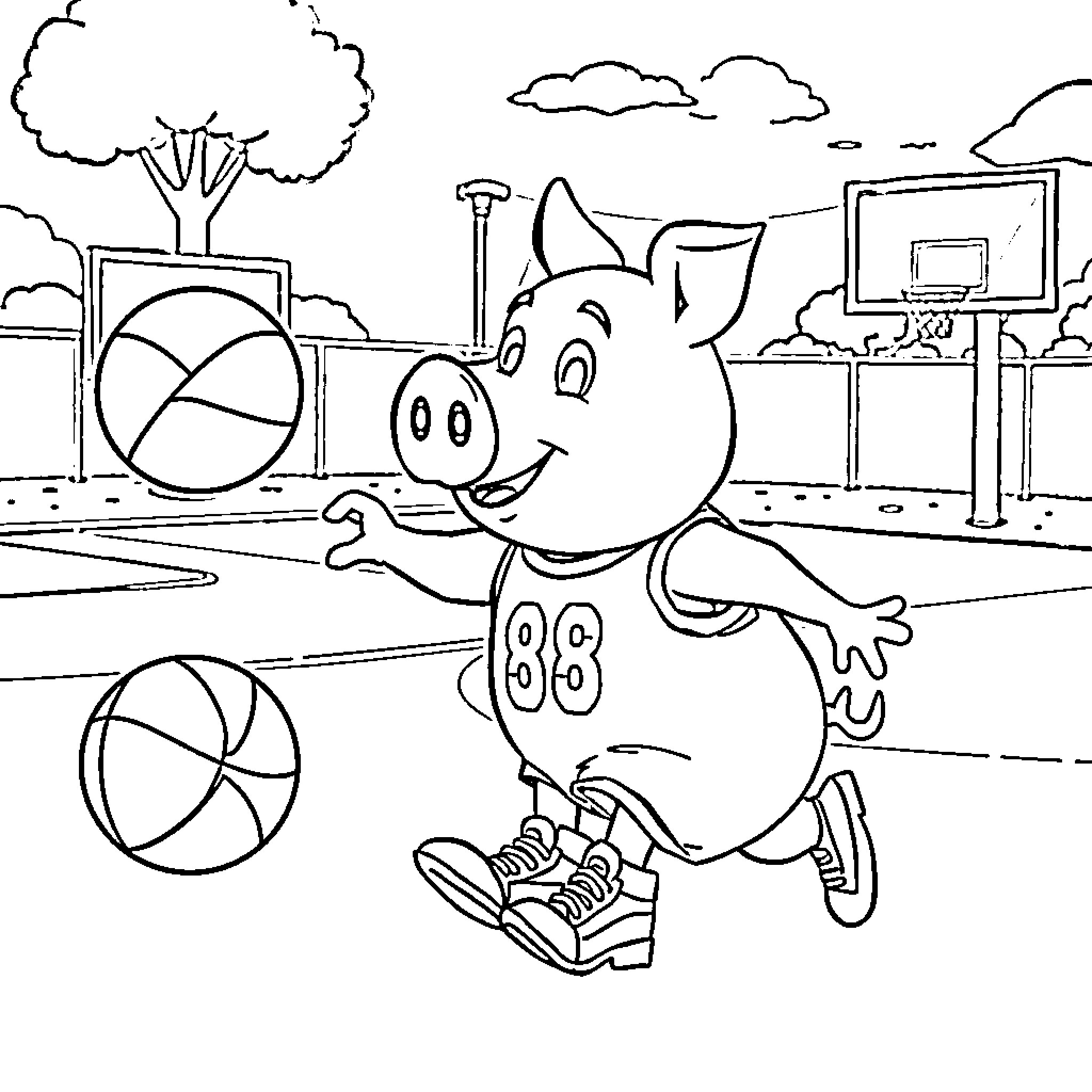 Porky Pig enjoying basketball in the park Coloring Page (free black-and-white line drawing printable PDF for all, from beginners to advanced learners, including children, teens, adults, and seniors)