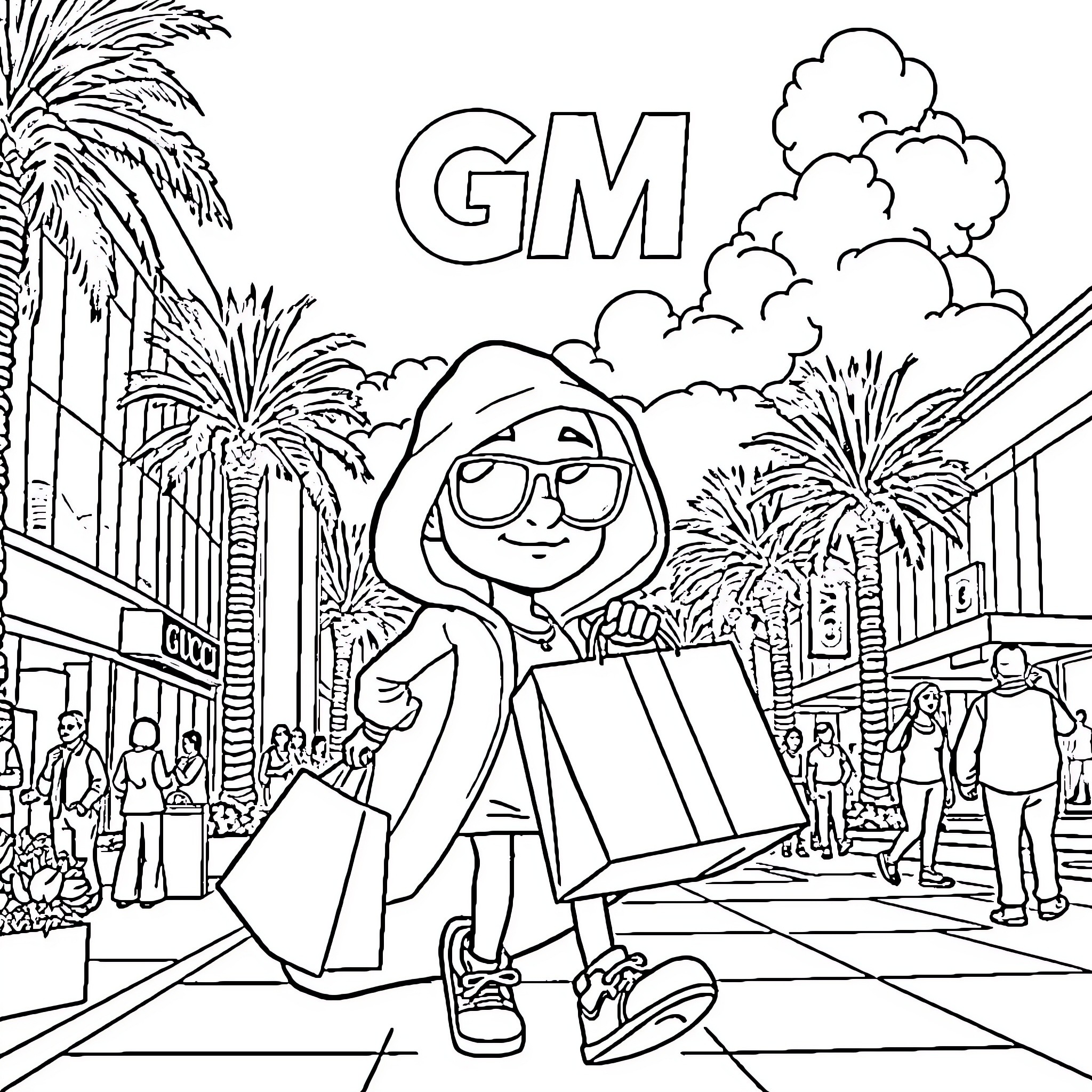 Character in hooded outfit shopping on city street Coloring Page (free black-and-white line drawing printable PDF for all, from beginners to advanced learners, including children, teens, adults, and seniors)