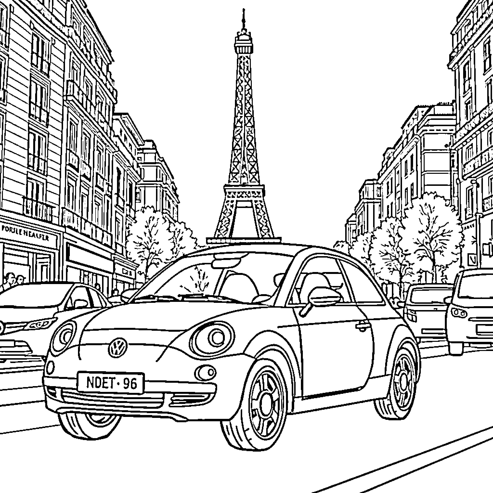 Race Car Driving Through the Streets of Paris Coloring Page (free black-and-white line drawing printable PDF for all, from beginners to advanced learners, including children, teens, adults, and seniors)